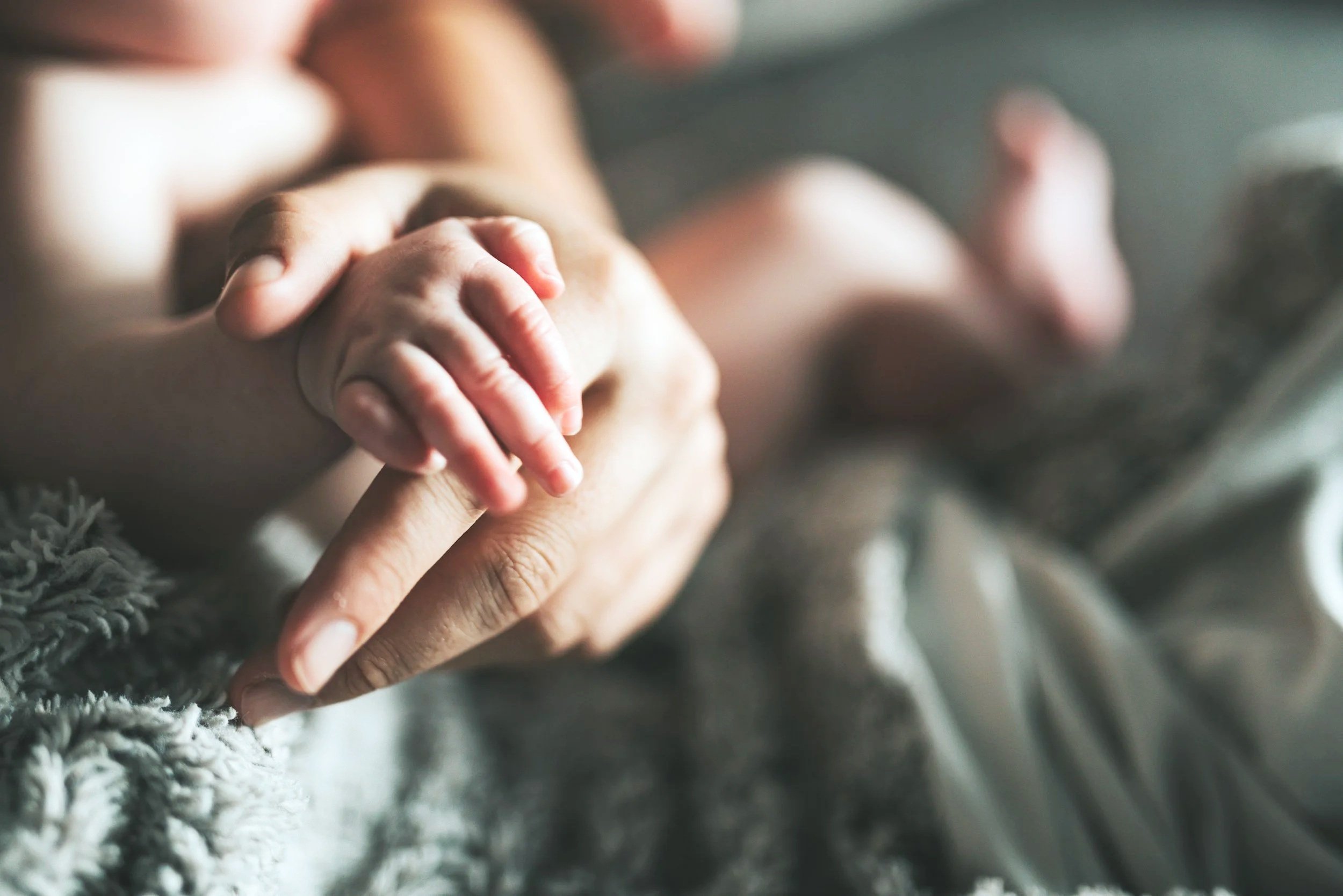 Close-up of an adult holding a baby's hand while lying together under a blanket