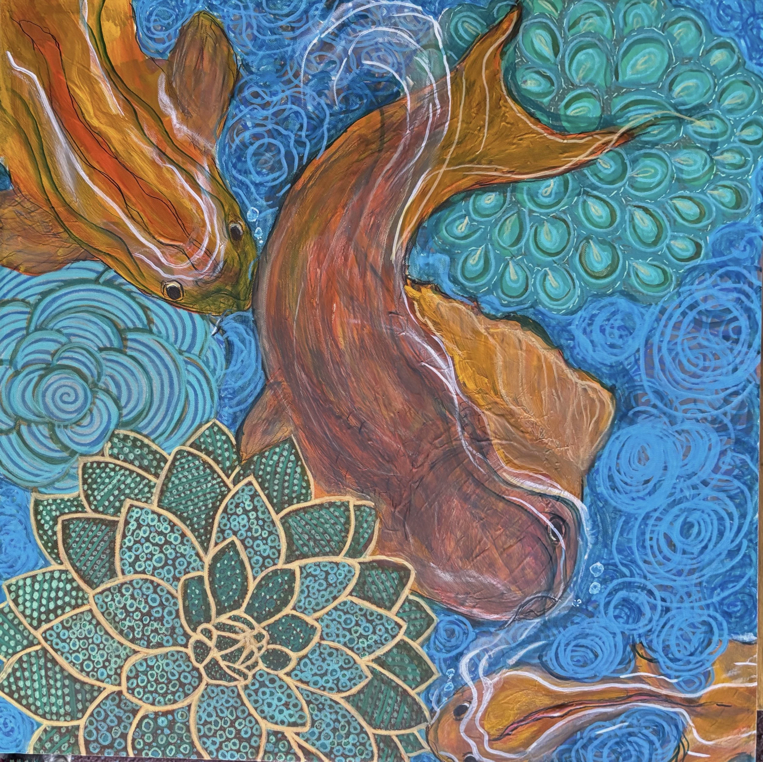 Vibrant painting of koi in water