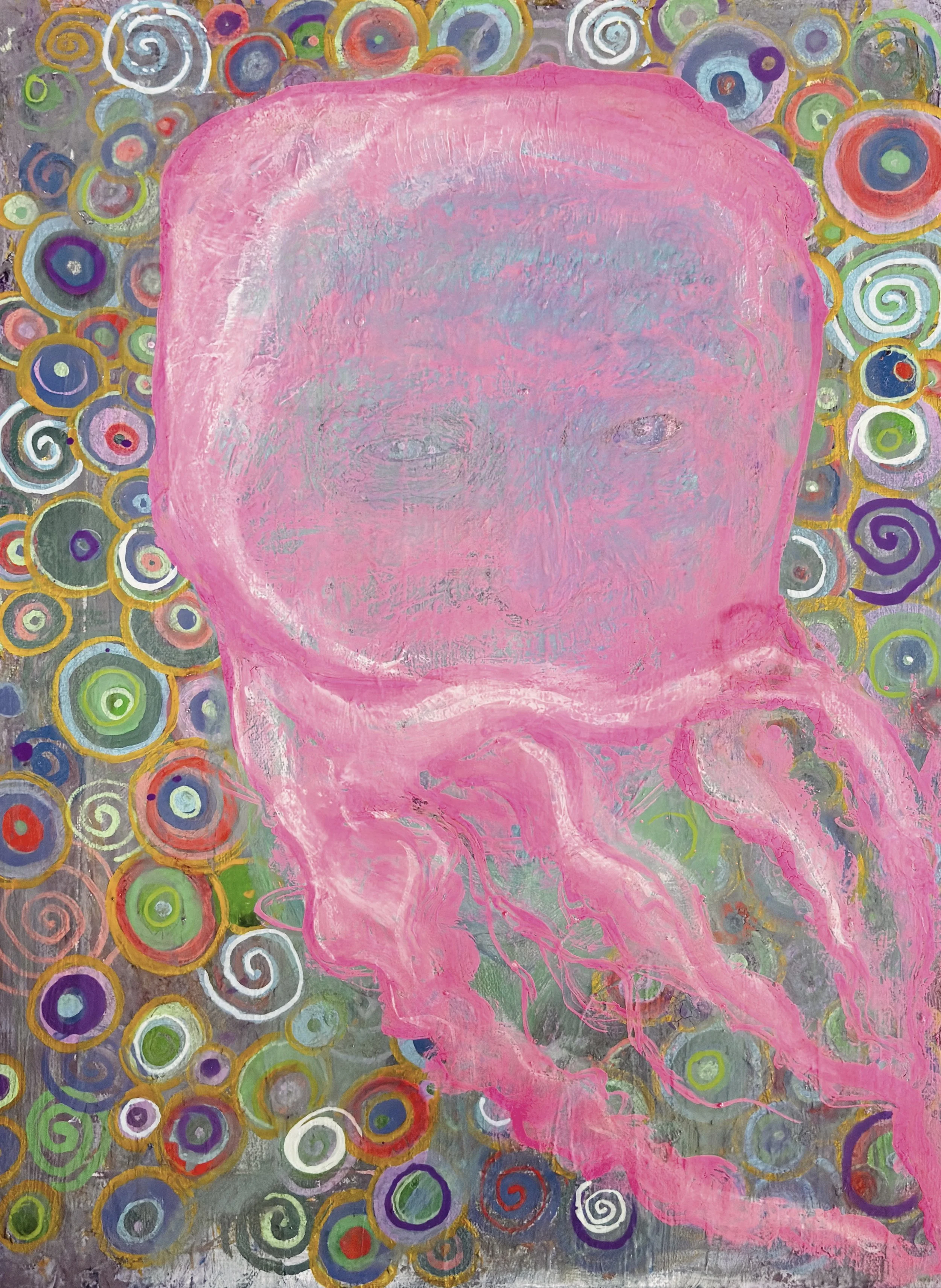 Jellyfish Eyes; 12"x16" Original Mixed Media Painting — Pink Jellyfish Portrait — Surreal Figurative Art — Free Shipping