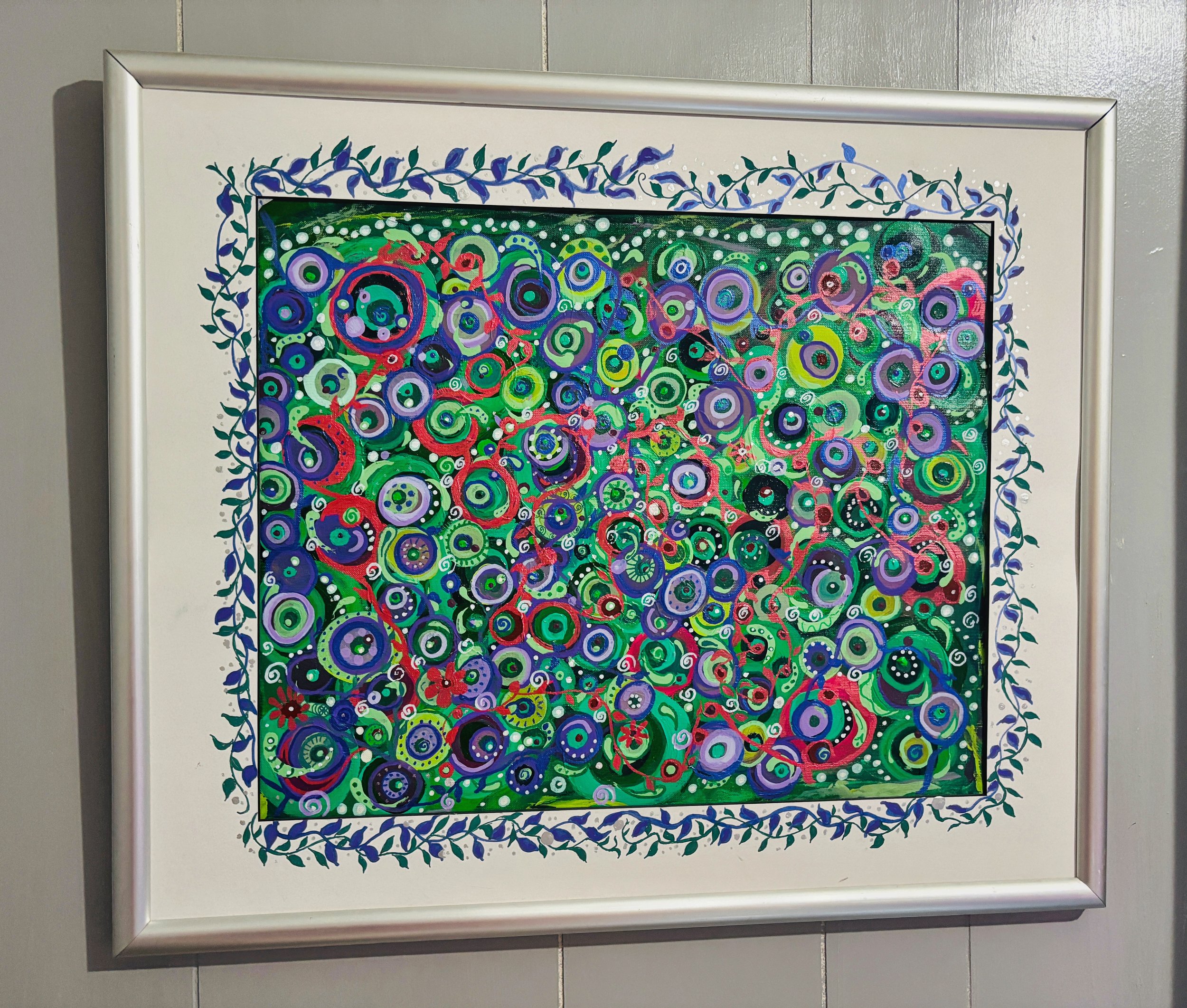 Original Abstract Circle Painting 16x22 — Framed Mixed Media Art — Maximalist Pattern Painting — Green Purple Red Wall Art; Free Shipping
