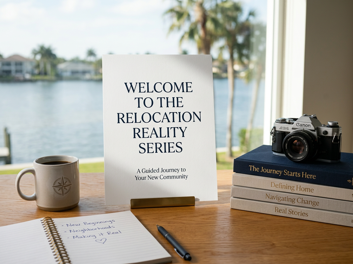 A welcoming sign for the Relocation Reality Series on a desk with a coffee mug, a camera, and a stack of books, with a lake and palm trees outside the window