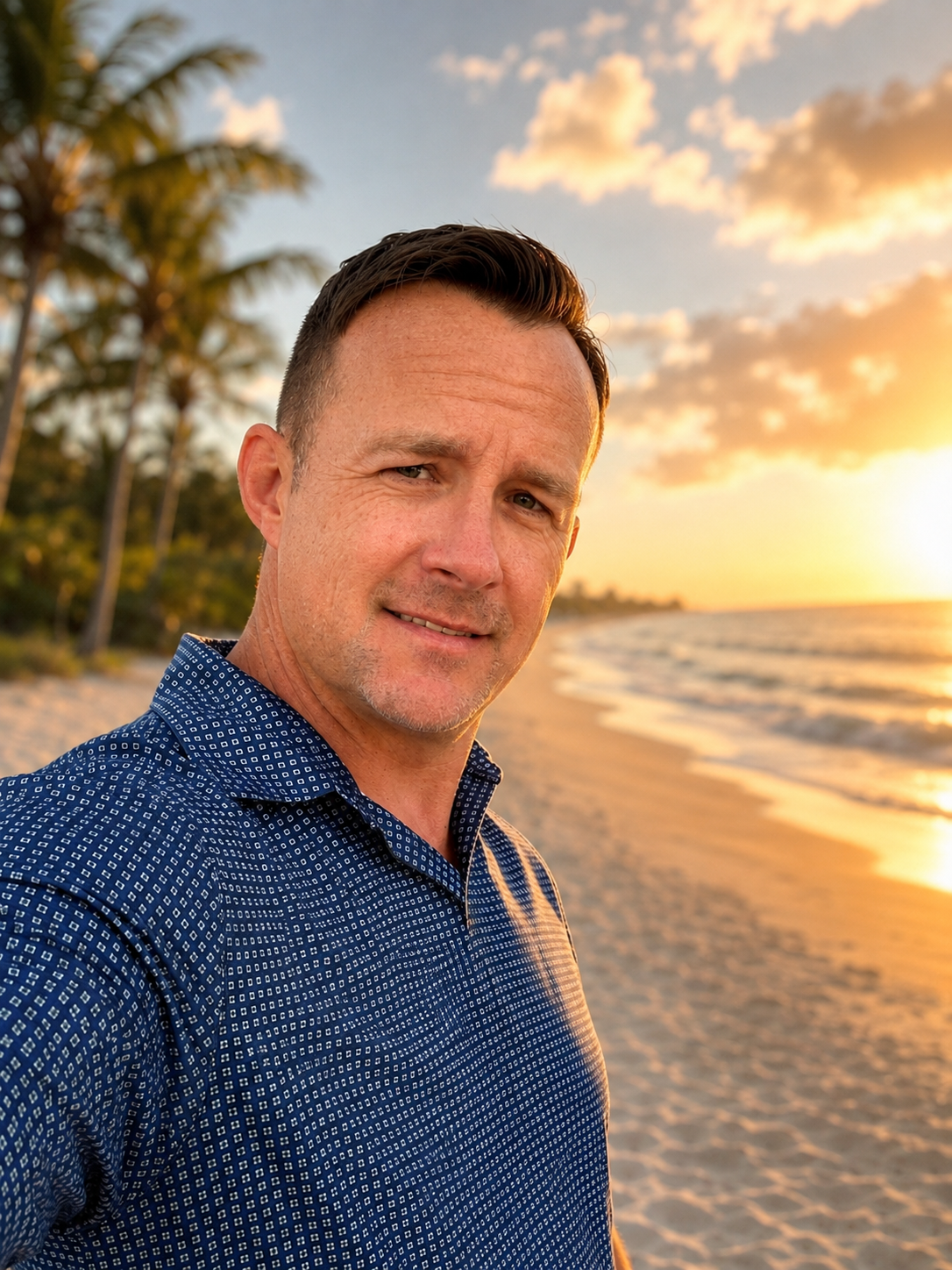 A man taking a selfie on a beach at sunset, with palm trees and clouds in the background.