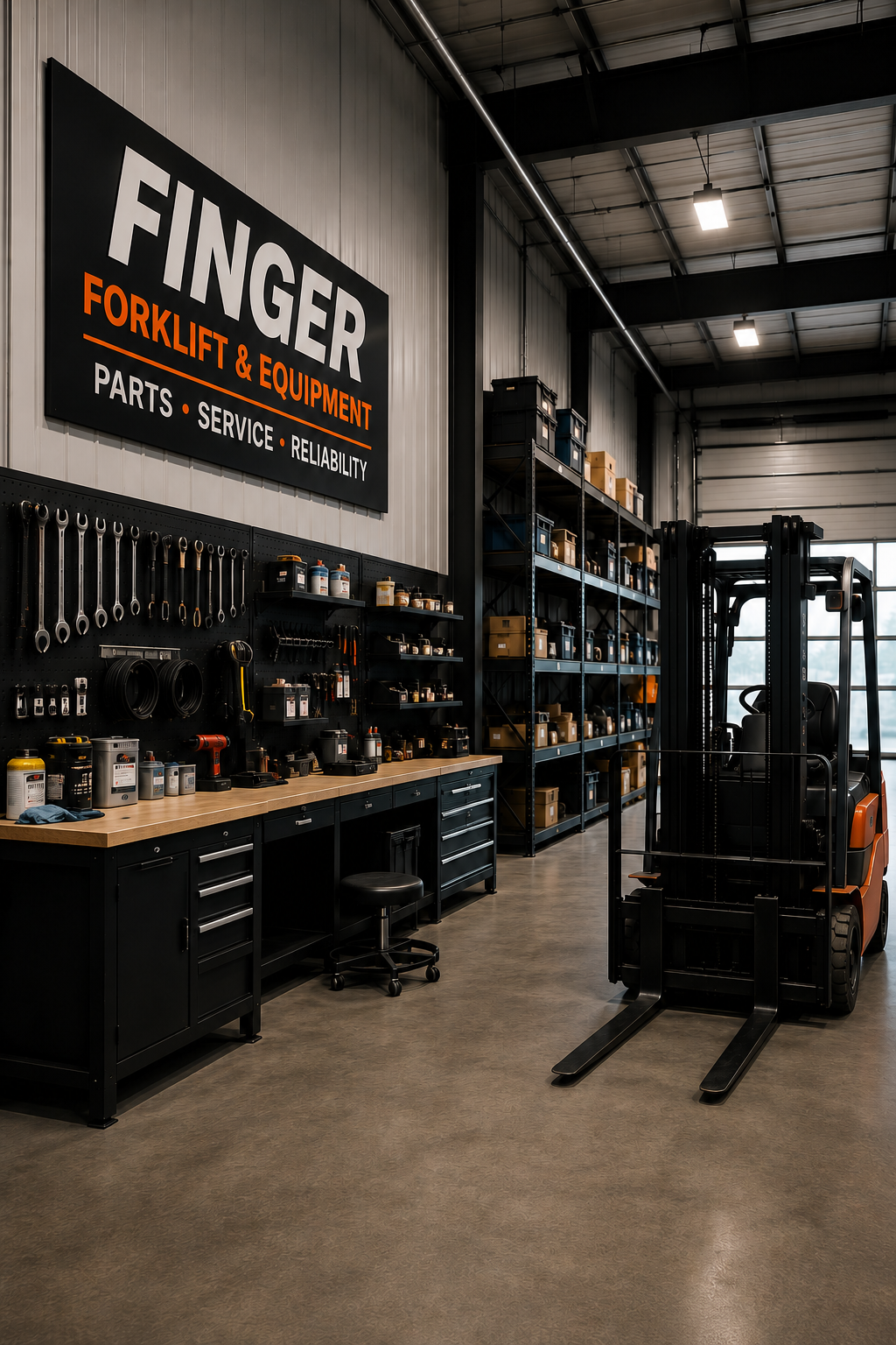 A workshop with tools and shelves for forklift and equipment parts, including a forklift on the right, and a large sign that reads 'FINGER Forklift & Equipment, Parts, Service, Reliability'.