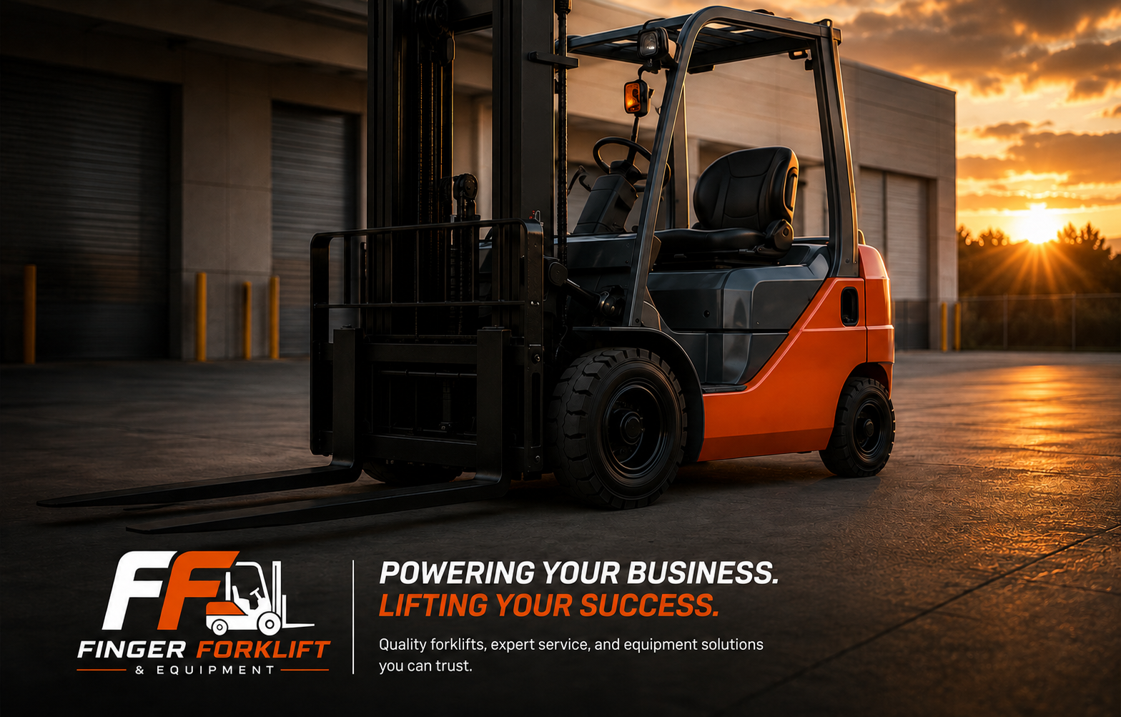 A forklift truck parked outdoors on a concrete surface during sunset. The Forklift Finger logo and slogan are overlaid in the lower left corner.