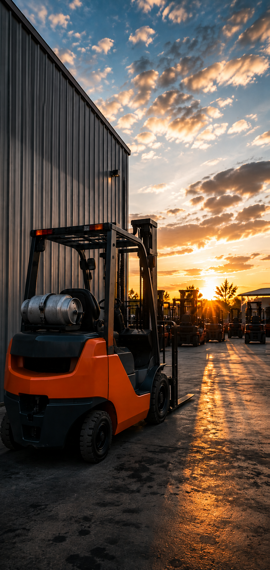 A row of forklifts parked outside a warehouse during sunset, with a partly cloudy sky.