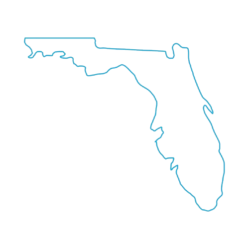 Outline of the state of Florida in blue line on a black background.