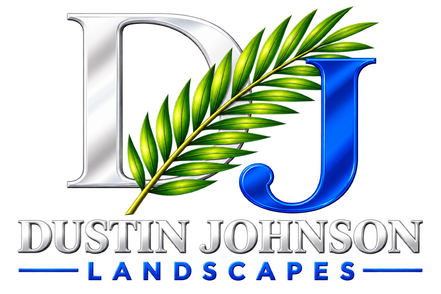 Logo for Dustin Johnson Landscapes featuring stylized letters D and J with green palm frond in between, and the words 'Dustin Johnson' in metallic font and 'Landscapes' in blue below.