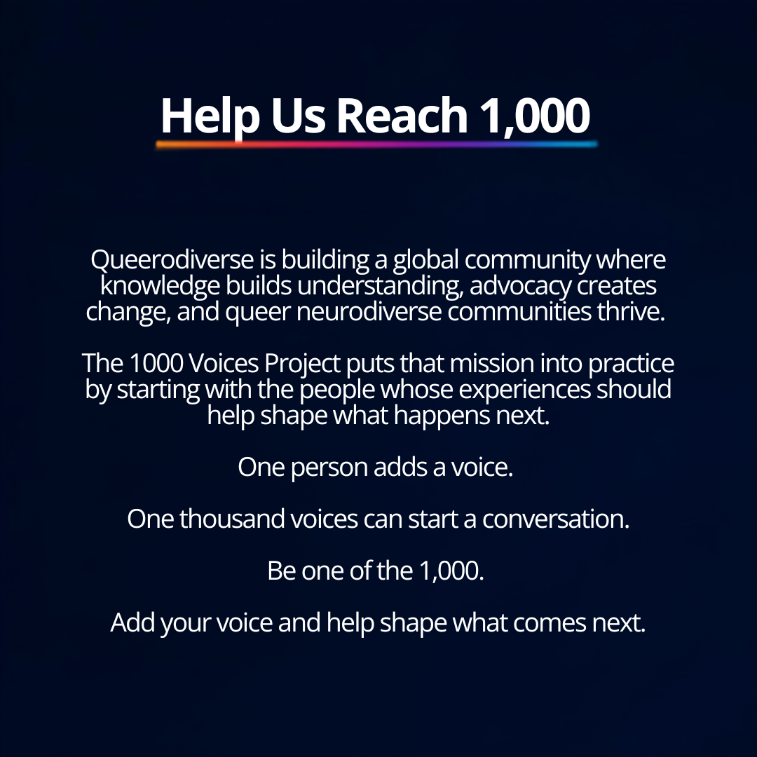 A promotional graphic with the message "Help Us Reach 1,000" and text explaining Queerdiverse's mission to build a global neurodiverse community through the 1000 Voices Project, encouraging personal voice contribution to start conversations and shape the future.