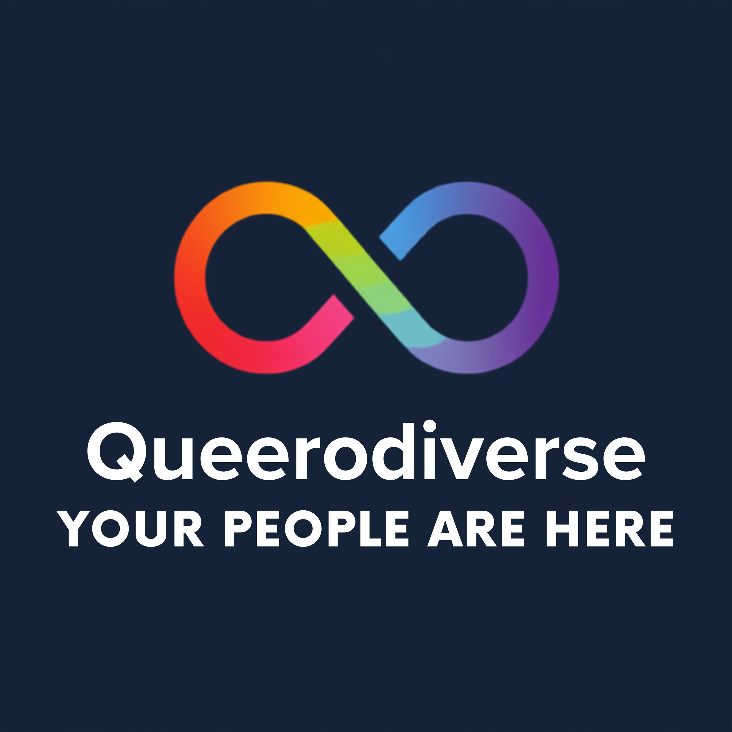 Colorful infinity symbol logo with a gradient rainbow effect on a dark background, featuring the text 'QueerDiverse' and 'YOUR PEOPLE ARE HERE' in bold white letters.