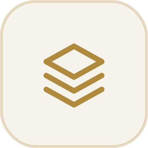 A gold-colored icon with a layered, stacked design in the center, resembling a folded or stacked object.