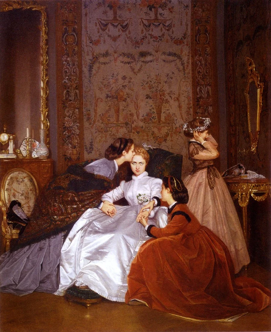 Four women in 19th-century dresses in a richly decorated room, one seated holding a bouquet, another leaning in close to her, a third sitting on the floor holding her hand, and the fourth standing at a desk looking away.