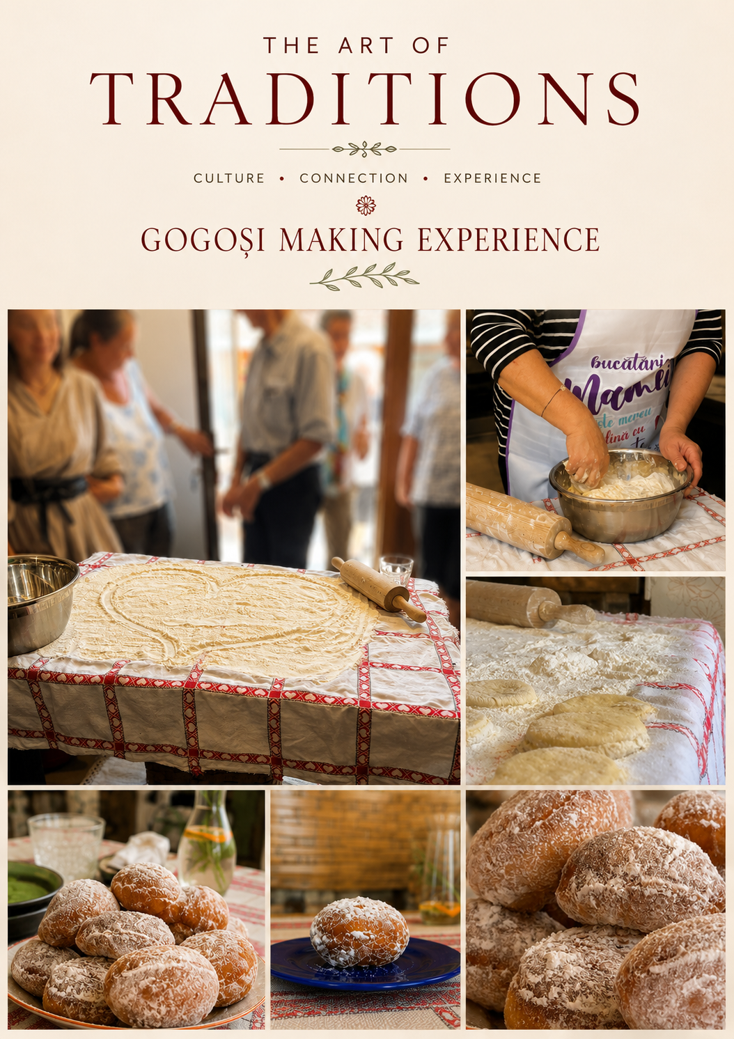 Foil of the Art of Traditions Gogoși Making Experience with participants preparing dough, rolling it out, shaping, and showcasing freshly made Romanian doughnuts dusted with powdered sugar on a table.
