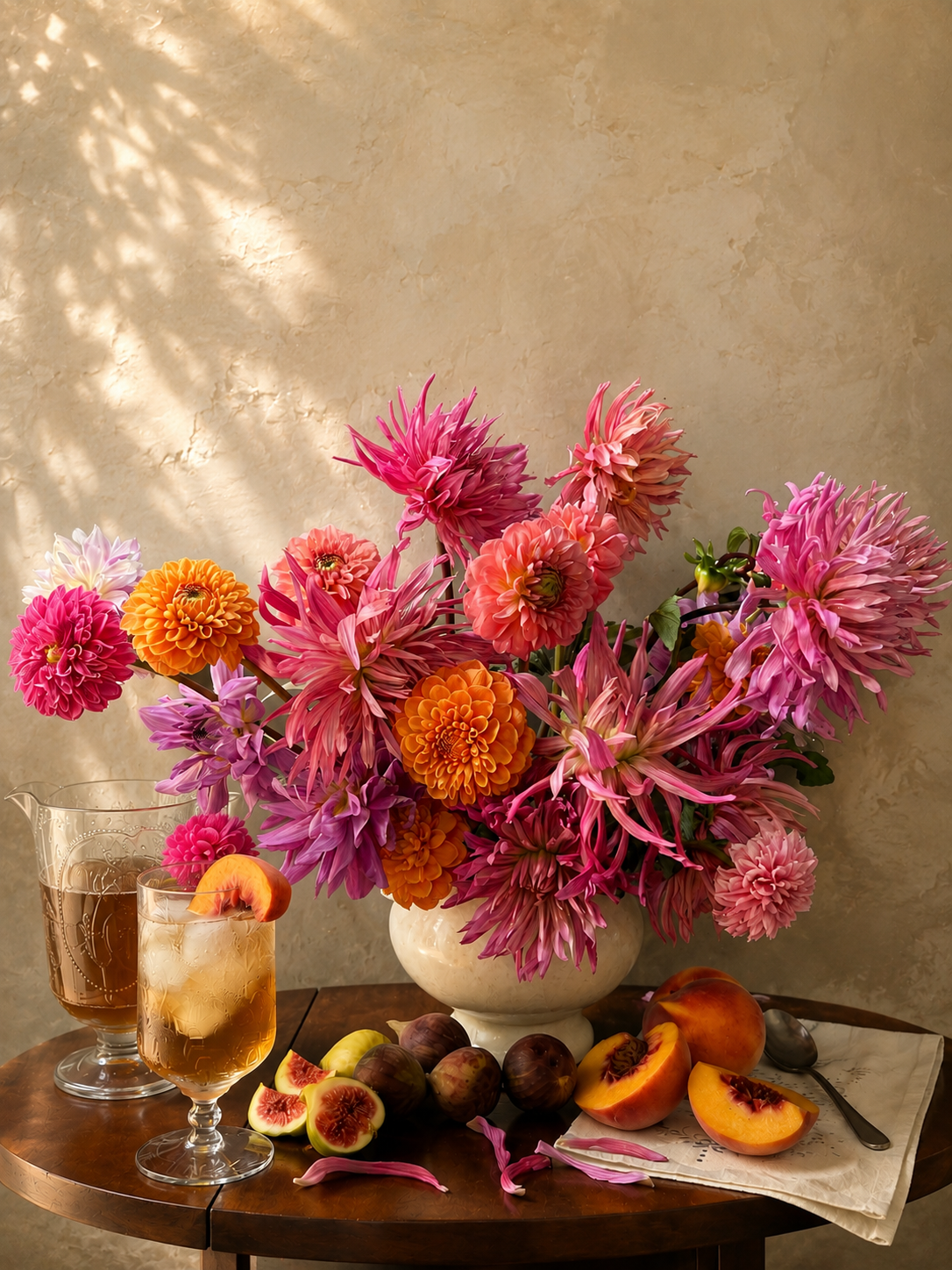 A floral arrangement with pink, peach, and purple dahlias in a white vase on a wooden table, with peaches, figs, and glasses of drinks, set against a beige textured wall.