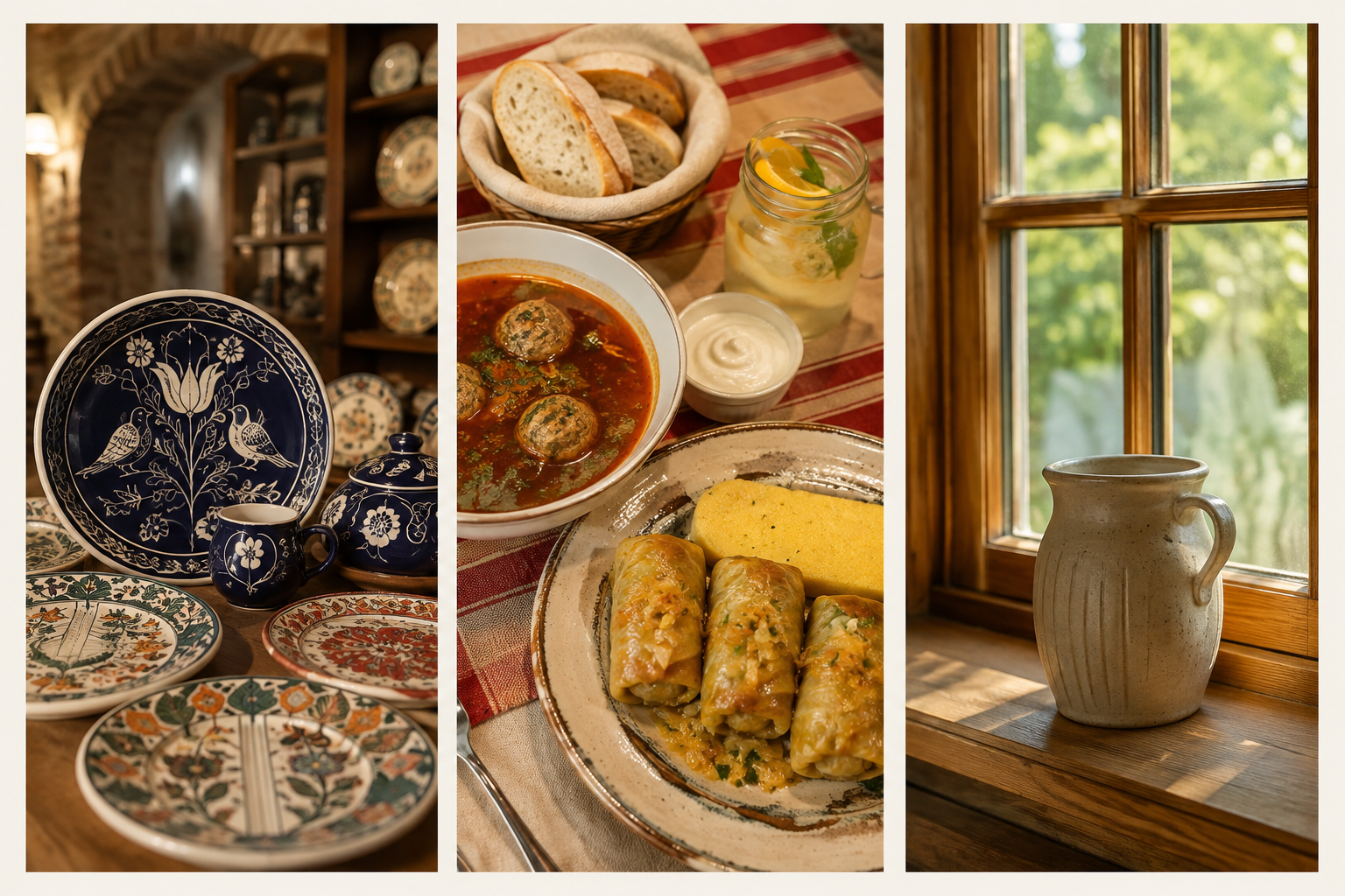 Three-panel image showing traditional dishes: left panel displays decorative blue and white ceramic plates and cups, middle panel features a table with a bowl of meatball soup, stuffed grape leaves, polenta, bread, and condiments, right panel shows a ceramic jug on a windowsill with green trees outside.