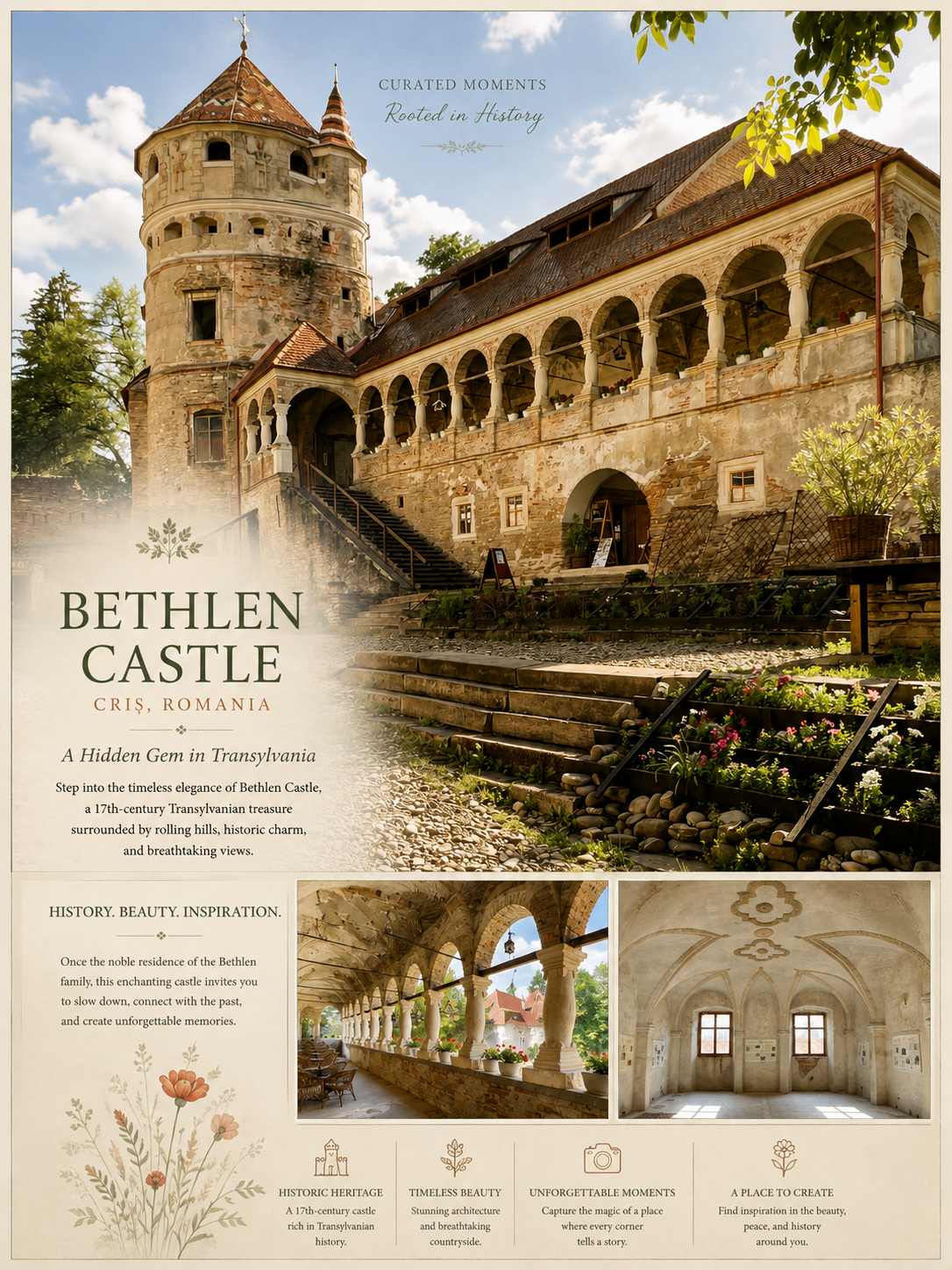 Image of Bethlen Castle in Romania with towers, stone walls, arches, and garden steps. Text on the image describes the castle as a historic 17th-century Transylvanian treasure, emphasizing its history, beauty, and inspiration.