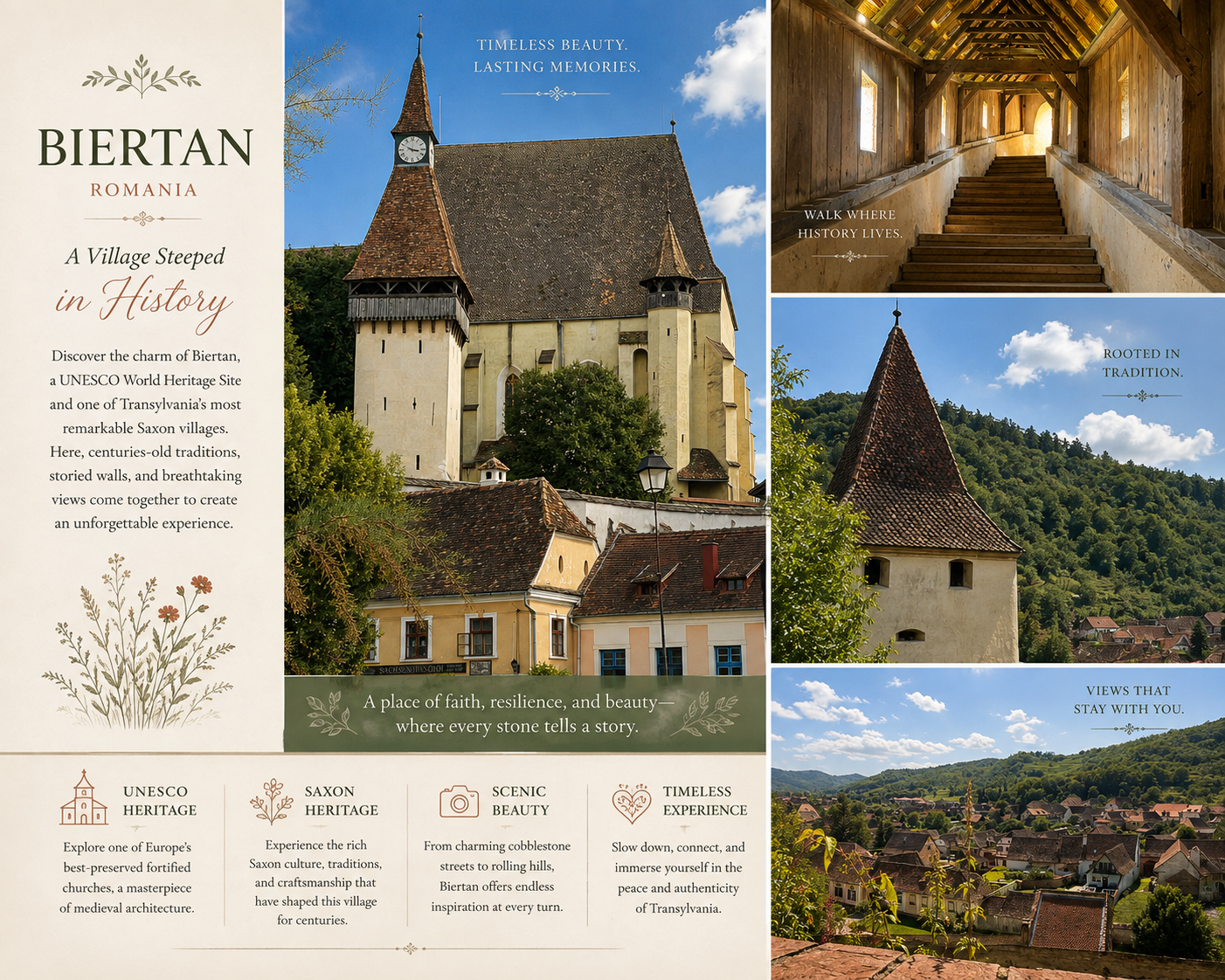 A brochure or informational display about Biertan, Romania, highlighting its history, architecture, and scenic views. The images feature a historic church with a tall steeple, a wooden interior, a small stone tower, and panoramic views of the village with green hills and blue skies. The text emphasizes the village's UNESCO World Heritage status, Saxon culture, scenic beauty, and timeless experience.