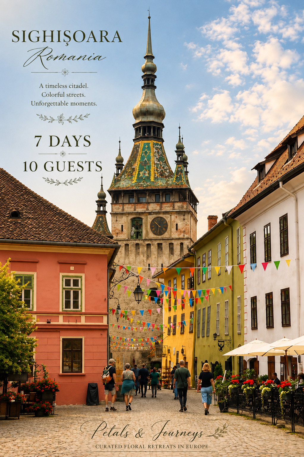 Colorful street scene in Sighișoara, Romania, featuring historic buildings, a tall clock tower with a green and gold tiled roof, hanging string lights with multicolored pennant banners, and people walking along the cobblestone street.