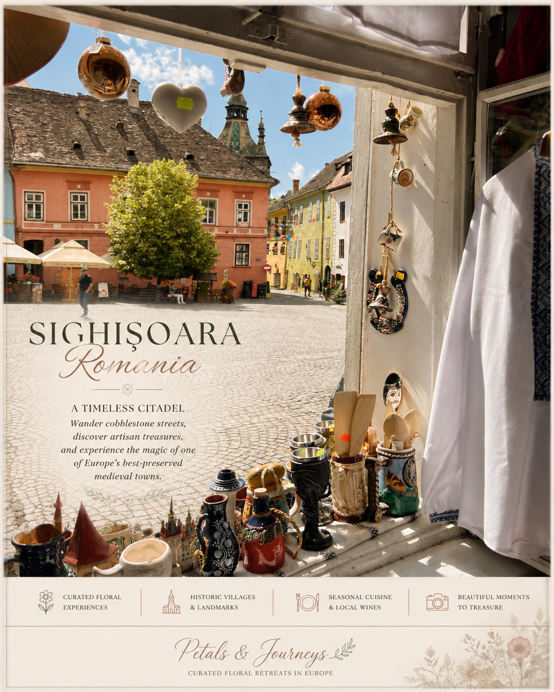 A view of the town square in Sighisoara, Romania, with colorful buildings, hanging decorative bells, and ceramic souvenirs displayed in a shop window.