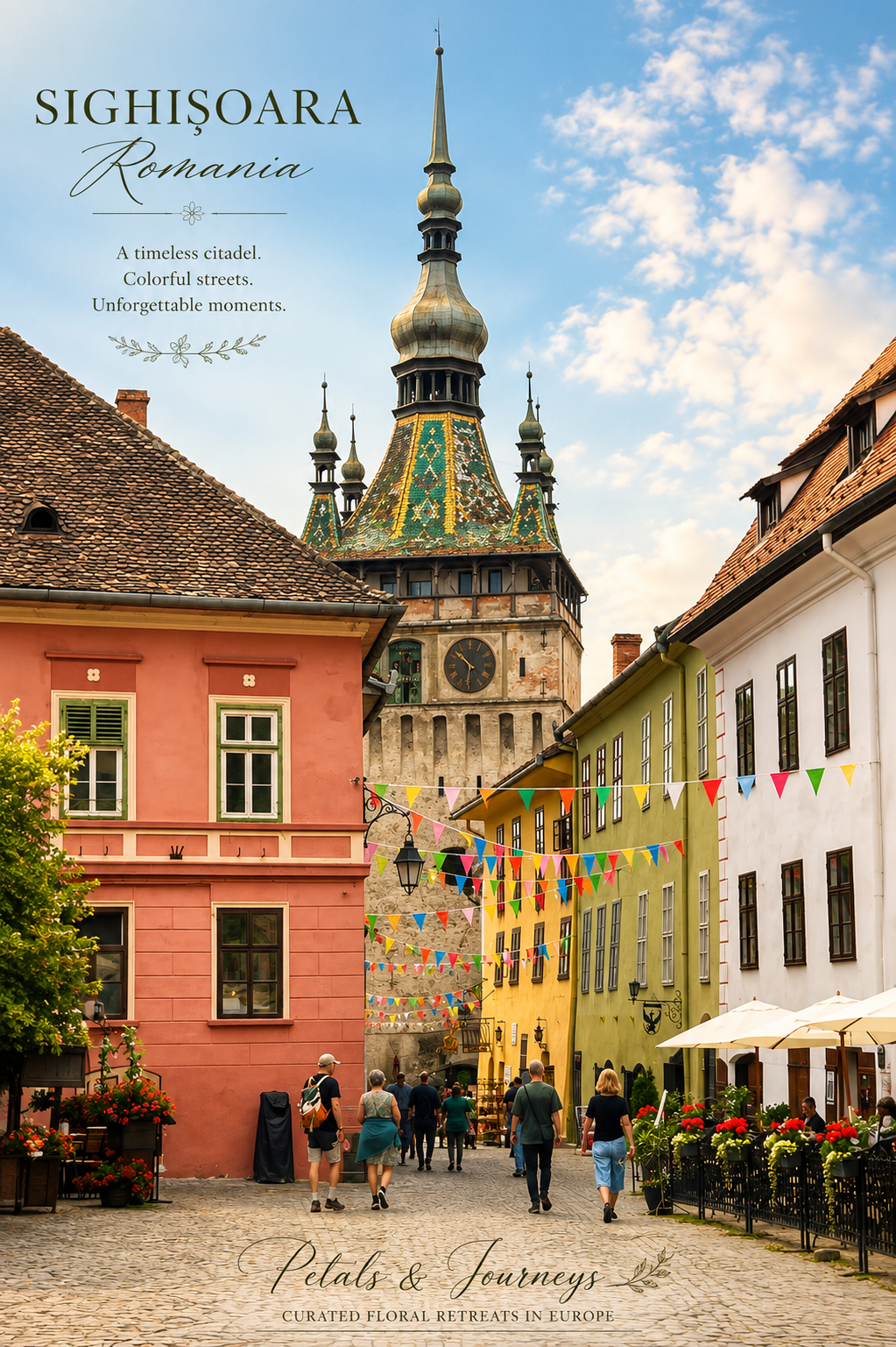 Colorful European street scene in Sighişoara, Romania featuring pastel-colored buildings, a medieval clock tower, and decorative bunting, with people strolling along cobblestone streets.