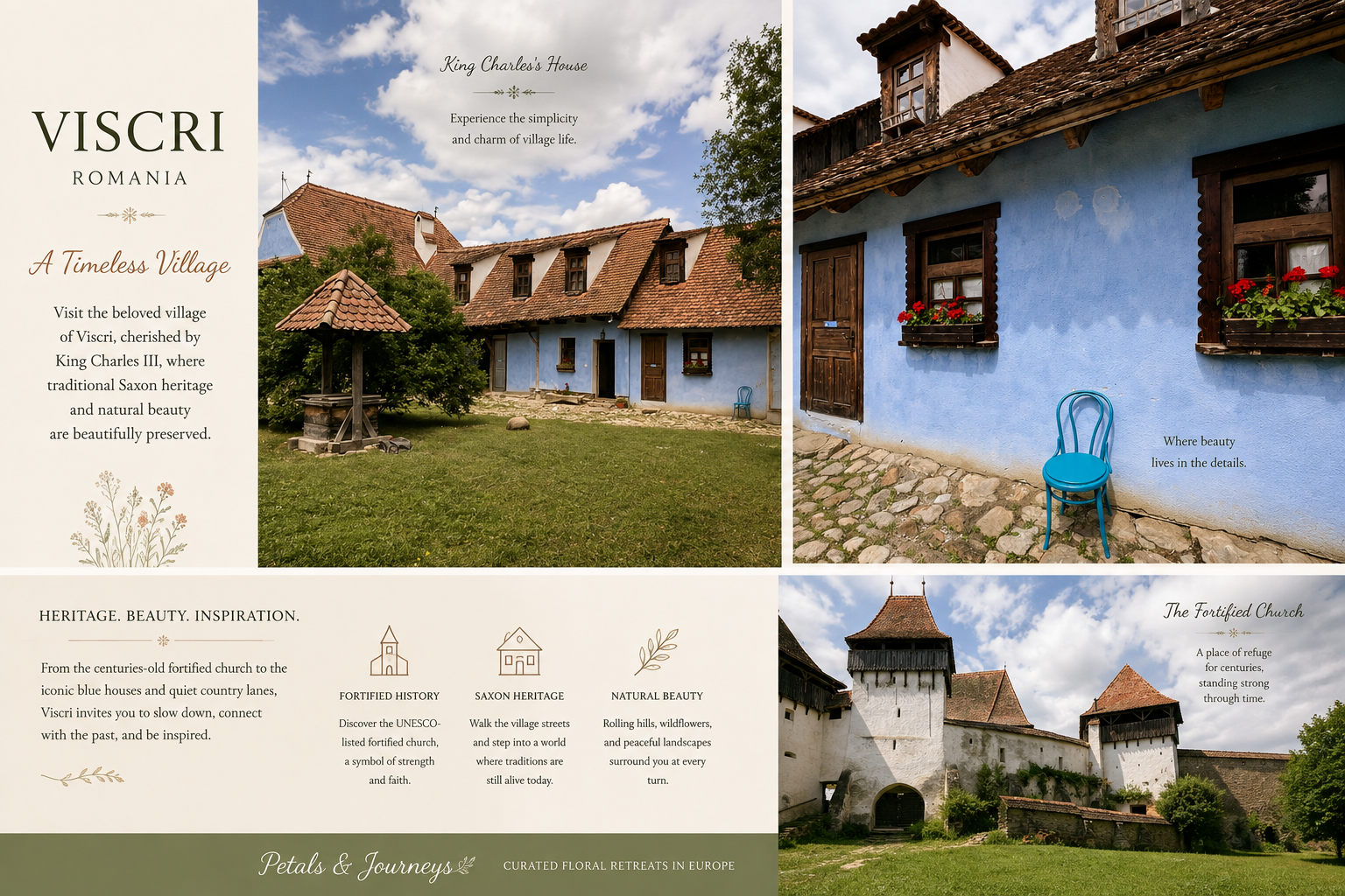 Information board with images of Viscri village in Romania, showing traditional blue houses, a fortified church, and text about the village's heritage, natural beauty, and charm.