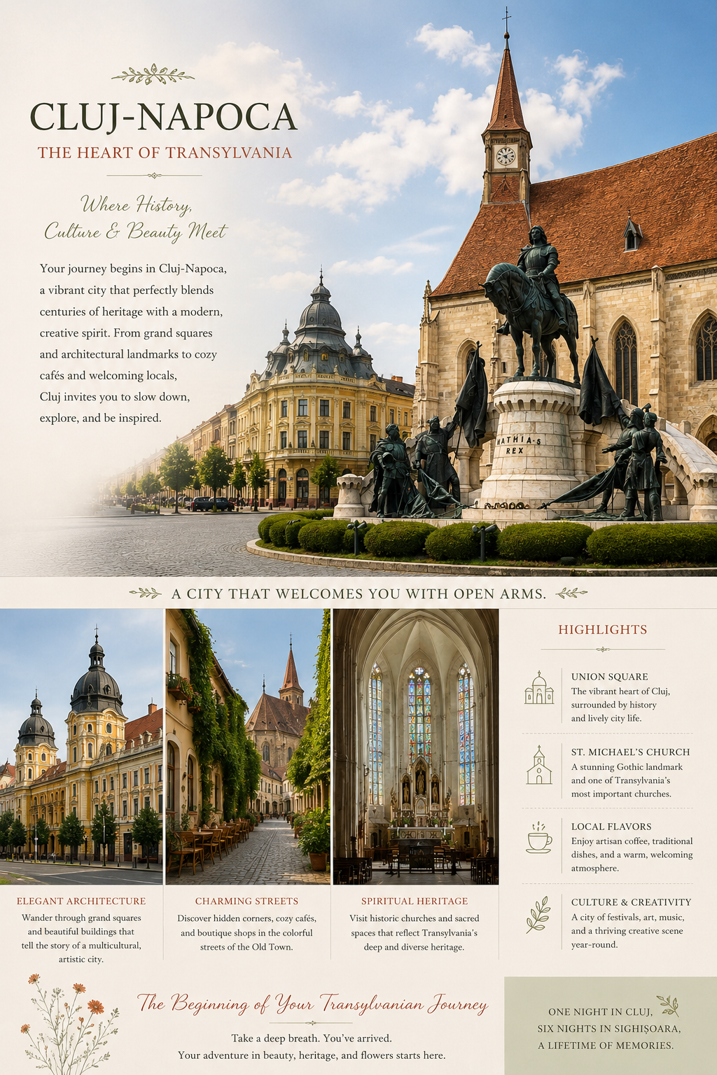 A promotional brochure for Cluj-Napoca, featuring a cityscape with historic buildings and a large equestrian statue, along with interior images of a church and flowering cobblestone streets.