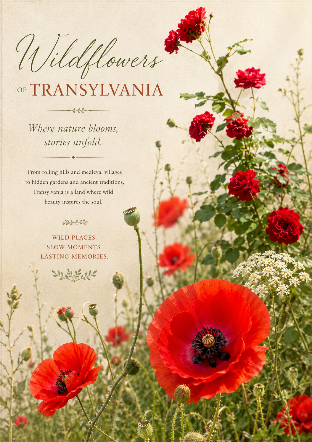 A poster featuring vibrant red poppies and other wildflowers with text about wildflowers of Transylvania.