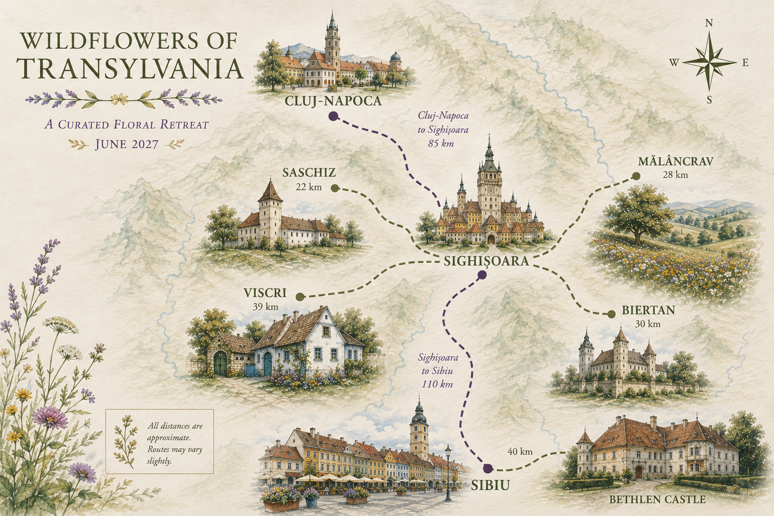Map of Transylvania outlining wildflower routes between Sibiu, Biertan, Sigisoara, Viscri, Saschiz, Cluj-Napoca, and Sibiu, with illustrated landmarks and flower embellishments.
