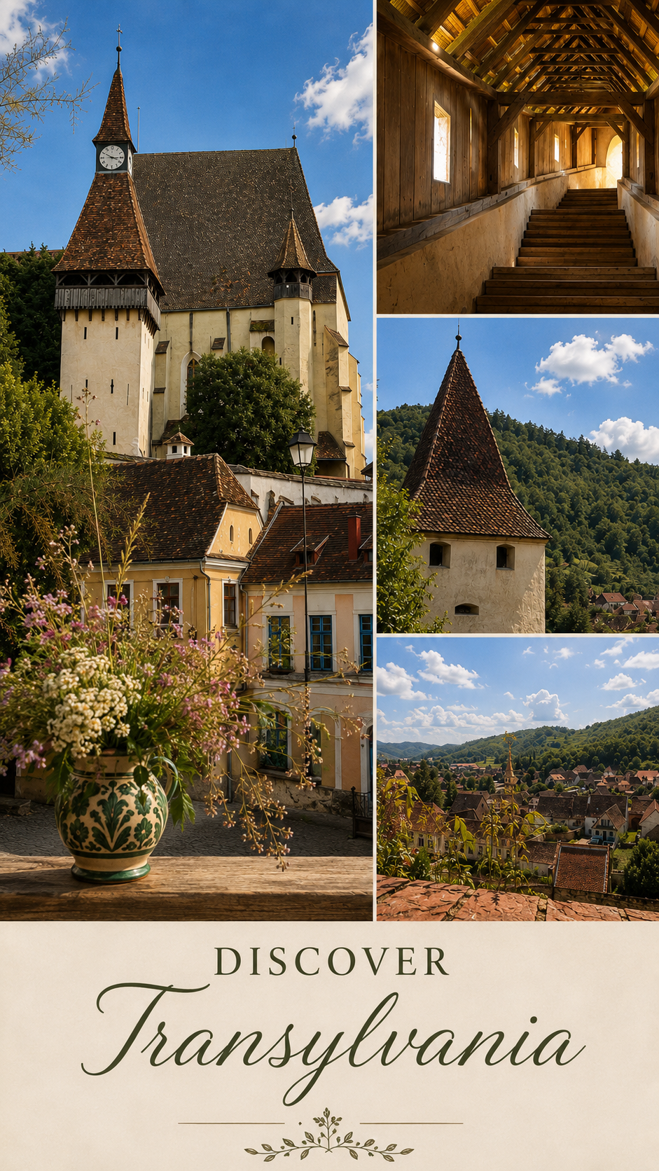 Series of photos showcasing Transylvania with a large historic church on a hill, wooden interior, small tower, and a view over a town with lush green hills and a clear blue sky, topped with clouds, and a vase of flowers in the foreground.