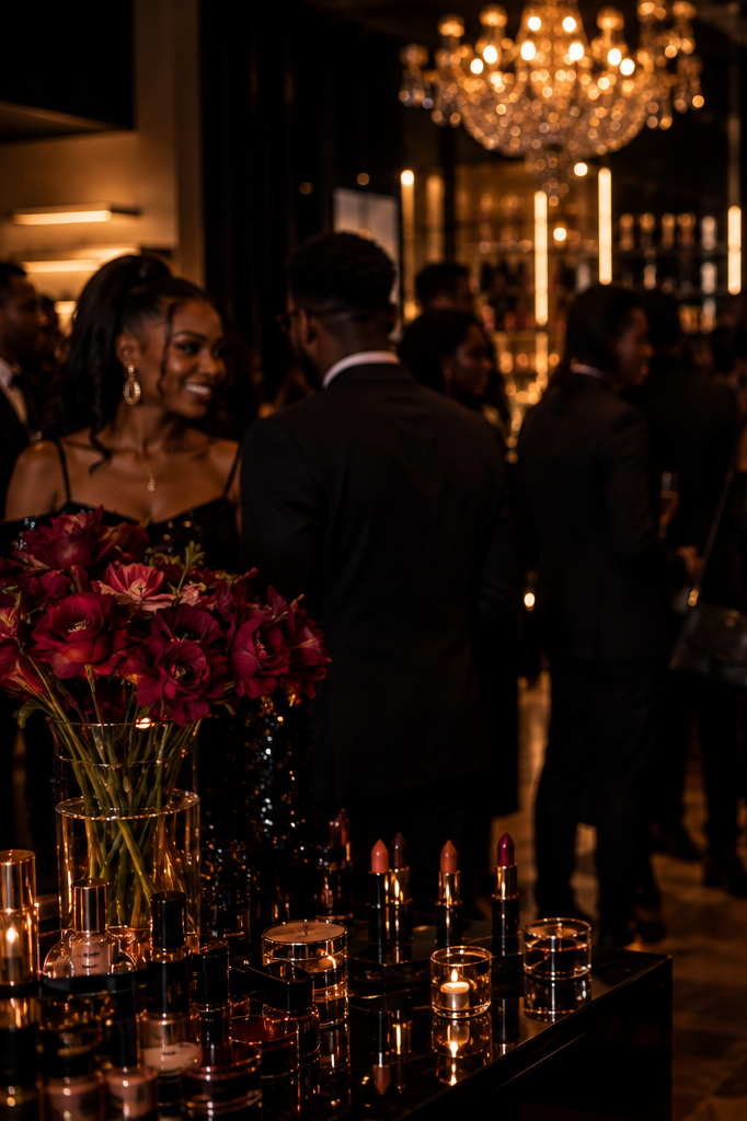 A group of well-dressed people at a social event, with a table of lipstick products and a large floral arrangement in a dimly lit, elegant setting with a chandelier.