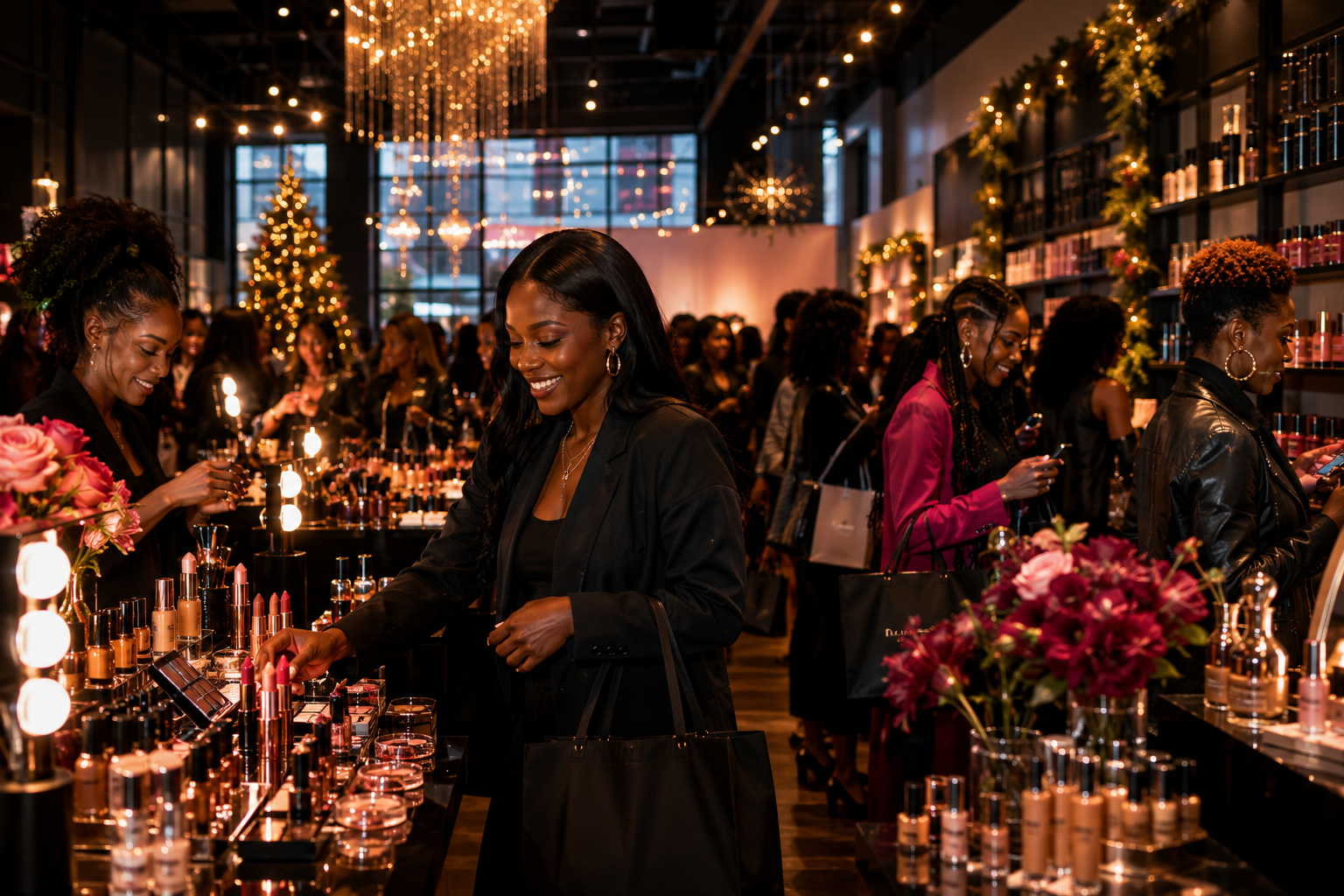 Women shopping for makeup at a cosmetics store during the holiday season, with Christmas decorations and a Christmas tree in the background.