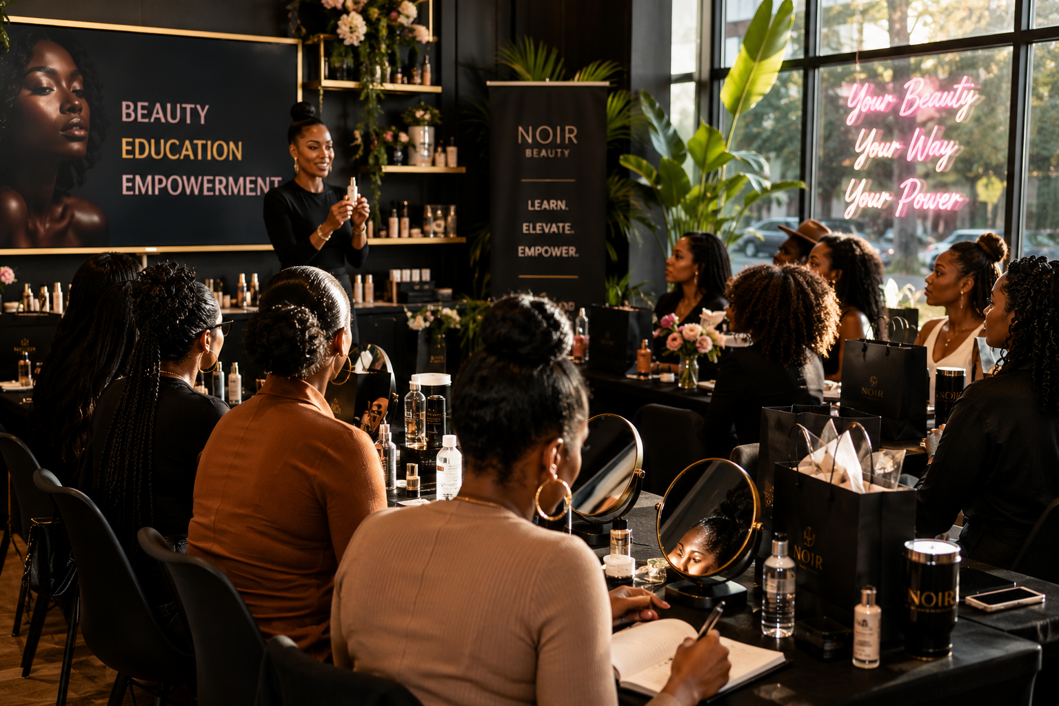 A beauty workshop with women sitting at tables, paying attention to a speaker who is demonstrating a skincare product in a bright, modern room with large windows, flowers, and promotional signs.