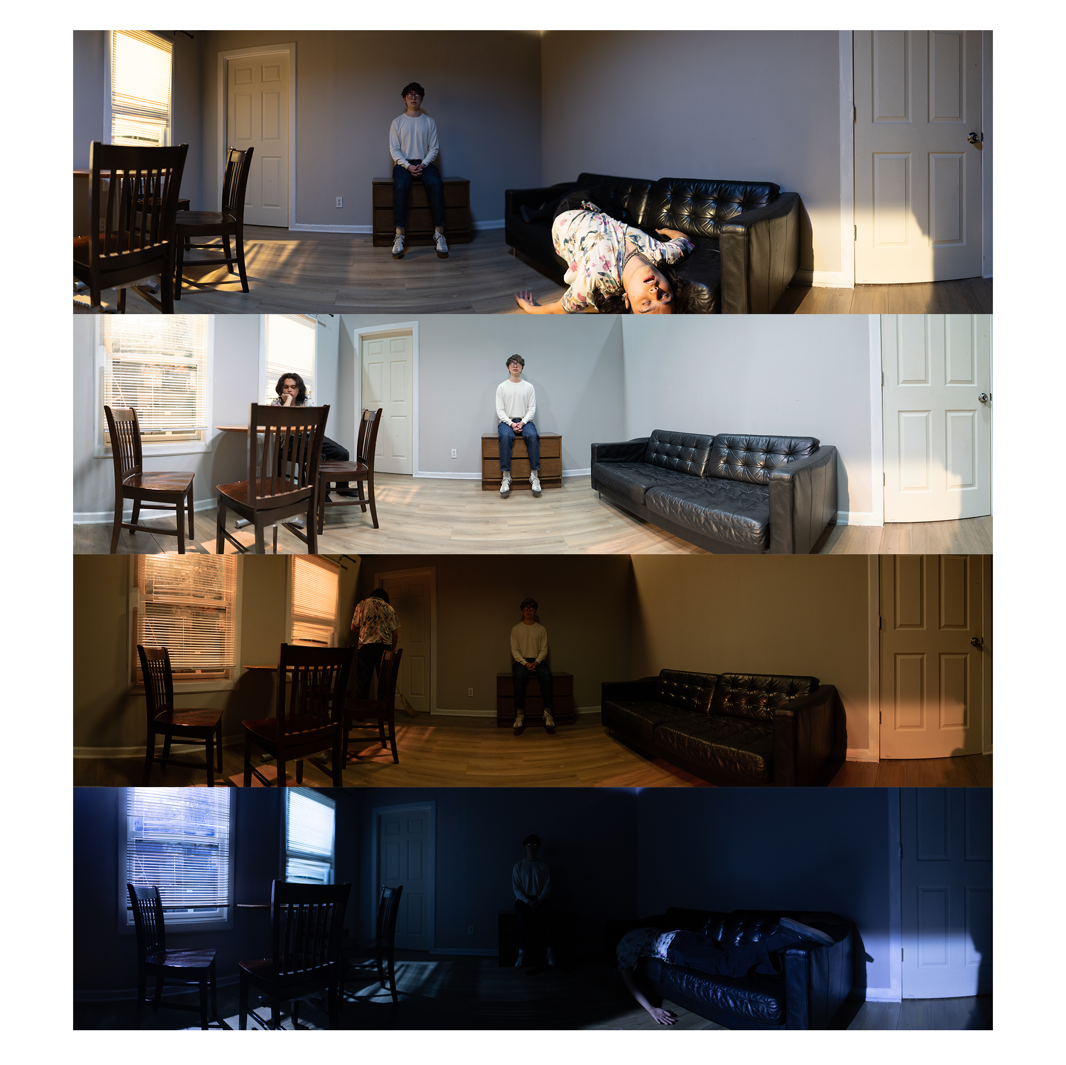 Triptych of images showing the same room in different lighting conditions, with two people inside: a young man sitting on a wooden chest against the wall, and a woman lying on a black leather couch. The room has a window with blinds, a dining table with chairs, and a door.