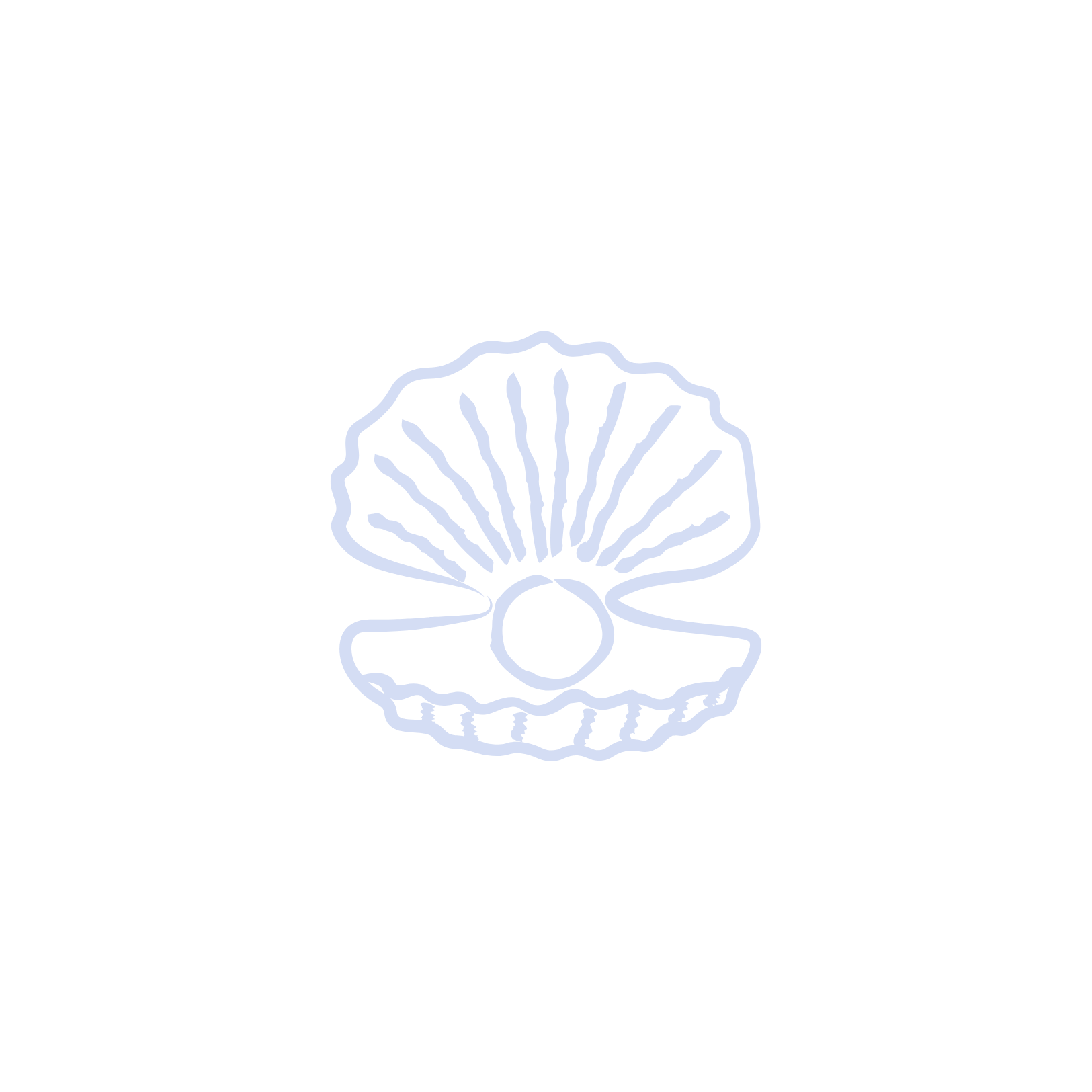 Outline of a seashell with a pearl inside, set against a black background.