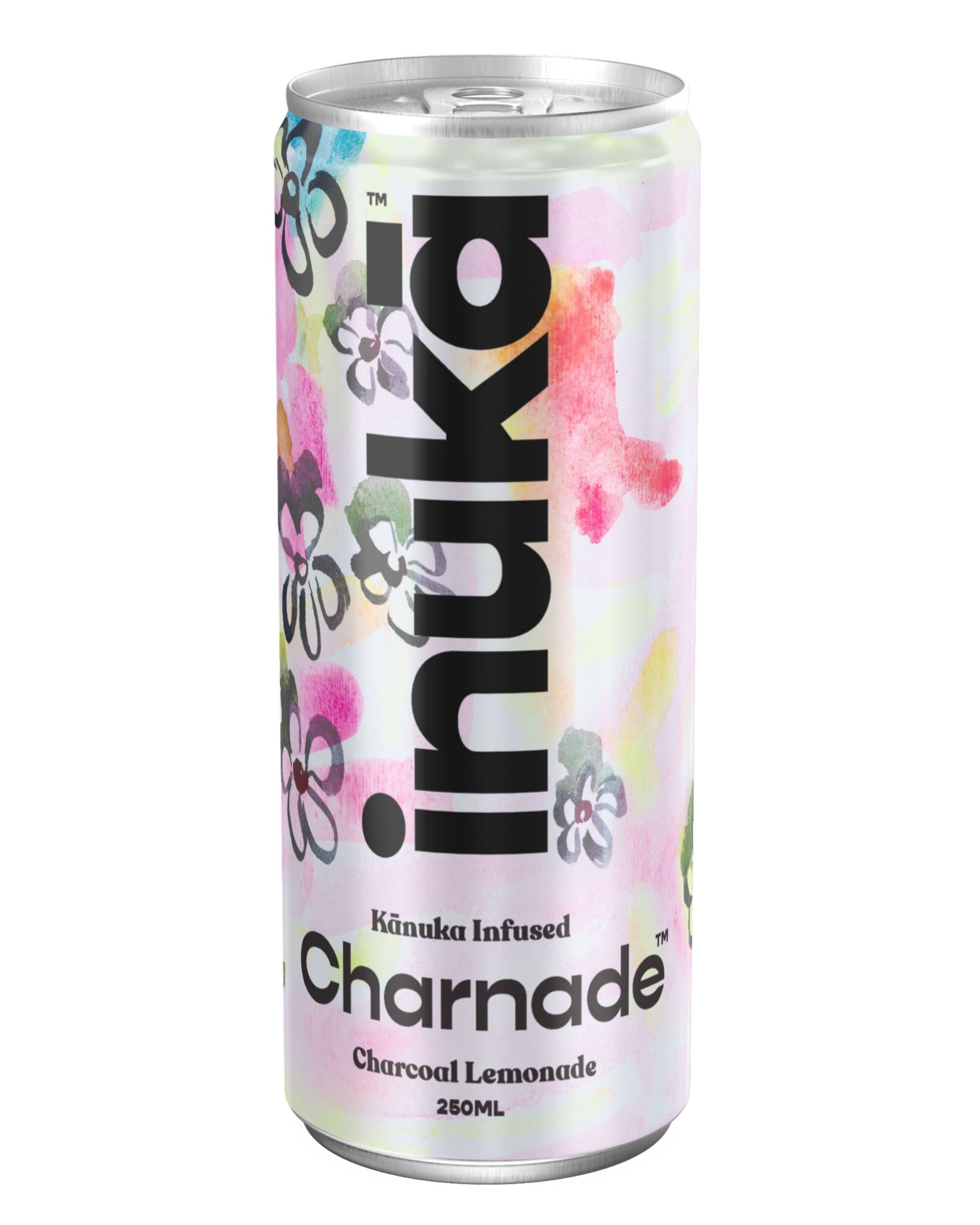 Aluminum can of Charngade Kanuka Infused Charcoal Lemonade, 250ml, with colorful floral and watercolor background design.