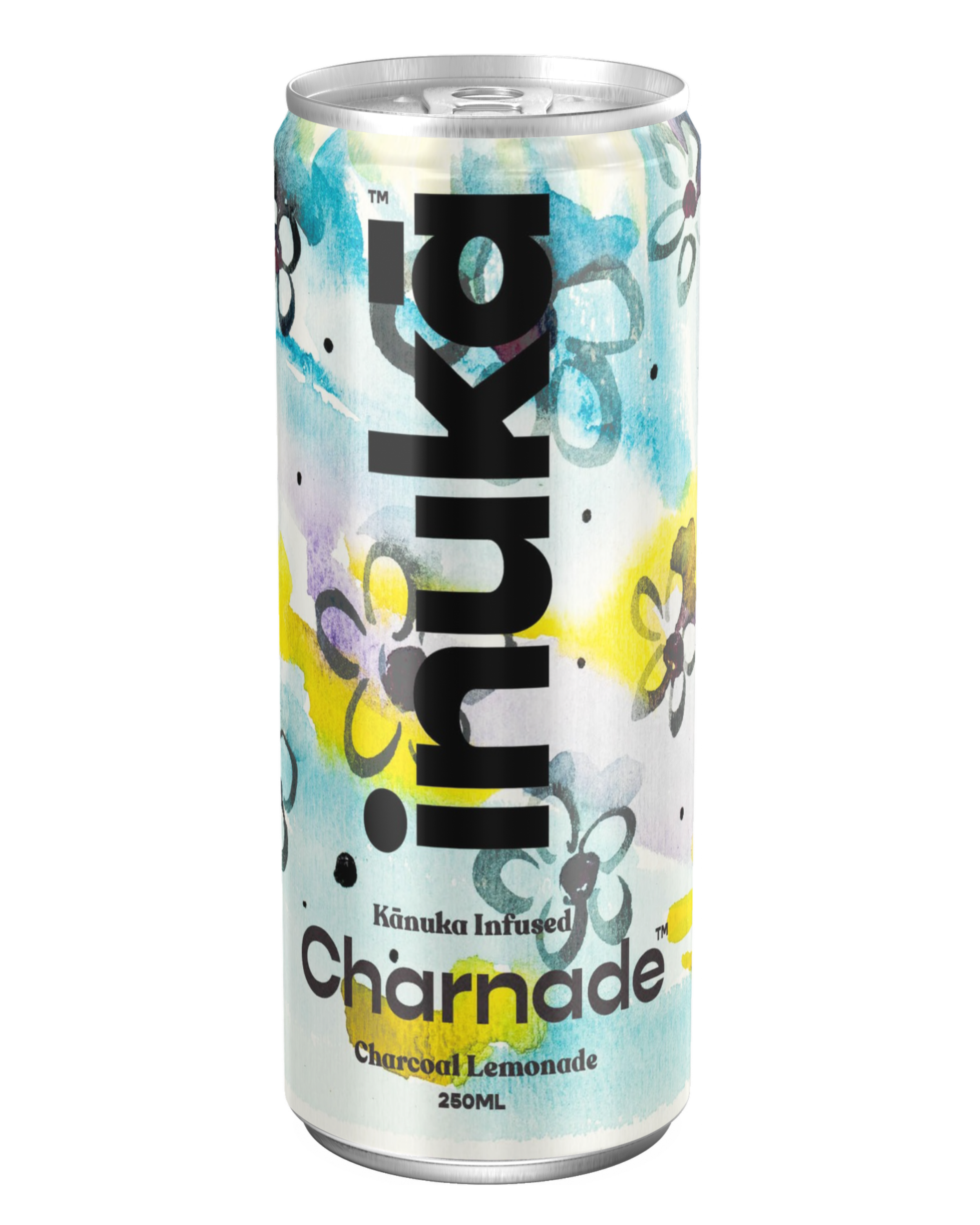 A can of floral-themed sparkling water with watercolor flower designs, black and yellow text, and a pull-tab opening.