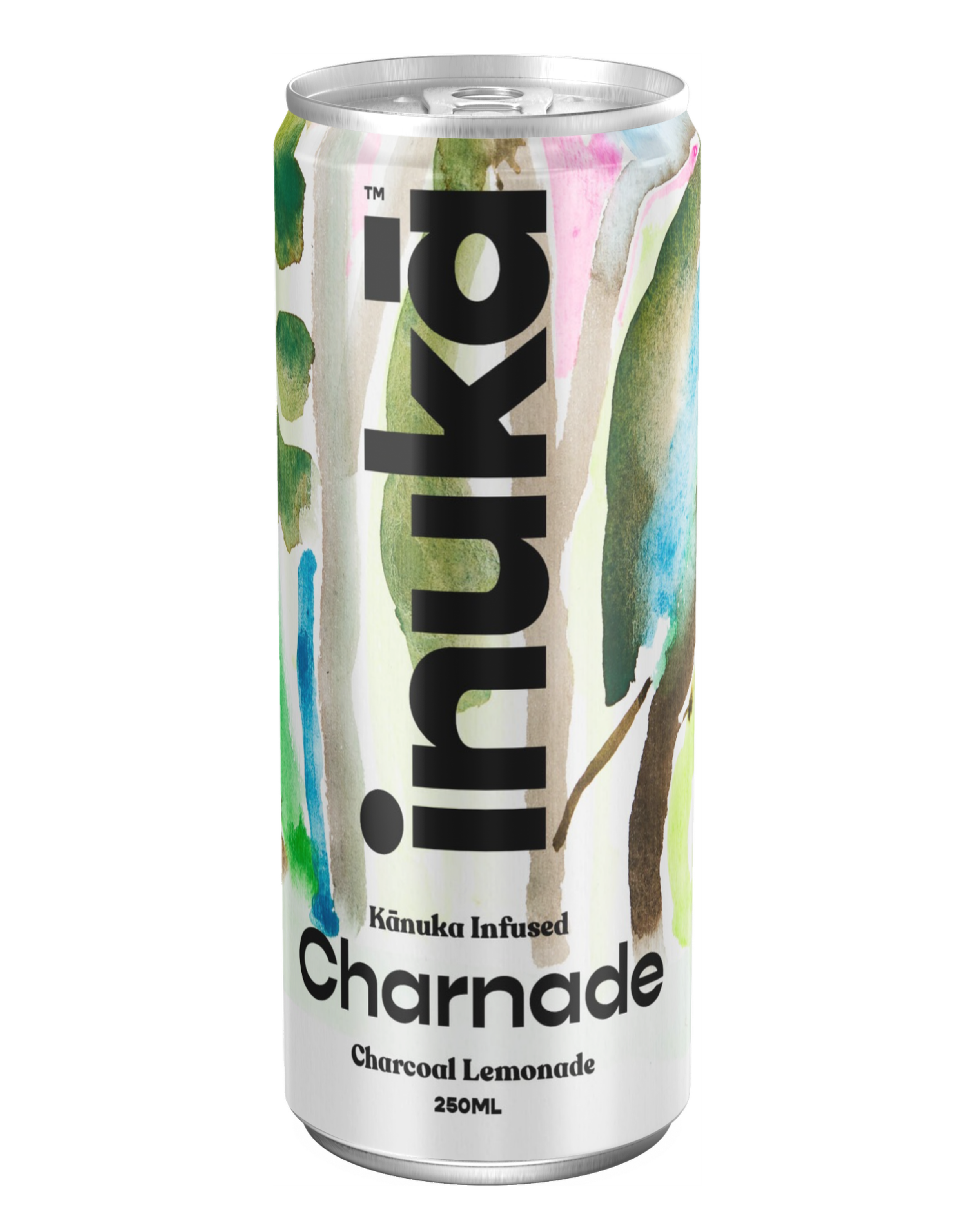 A can of Sparkle Charndeade, with a watercolor design featuring pastel and earthy colors, labeled as a 250ml Kanuka infused charcoal lemonade.