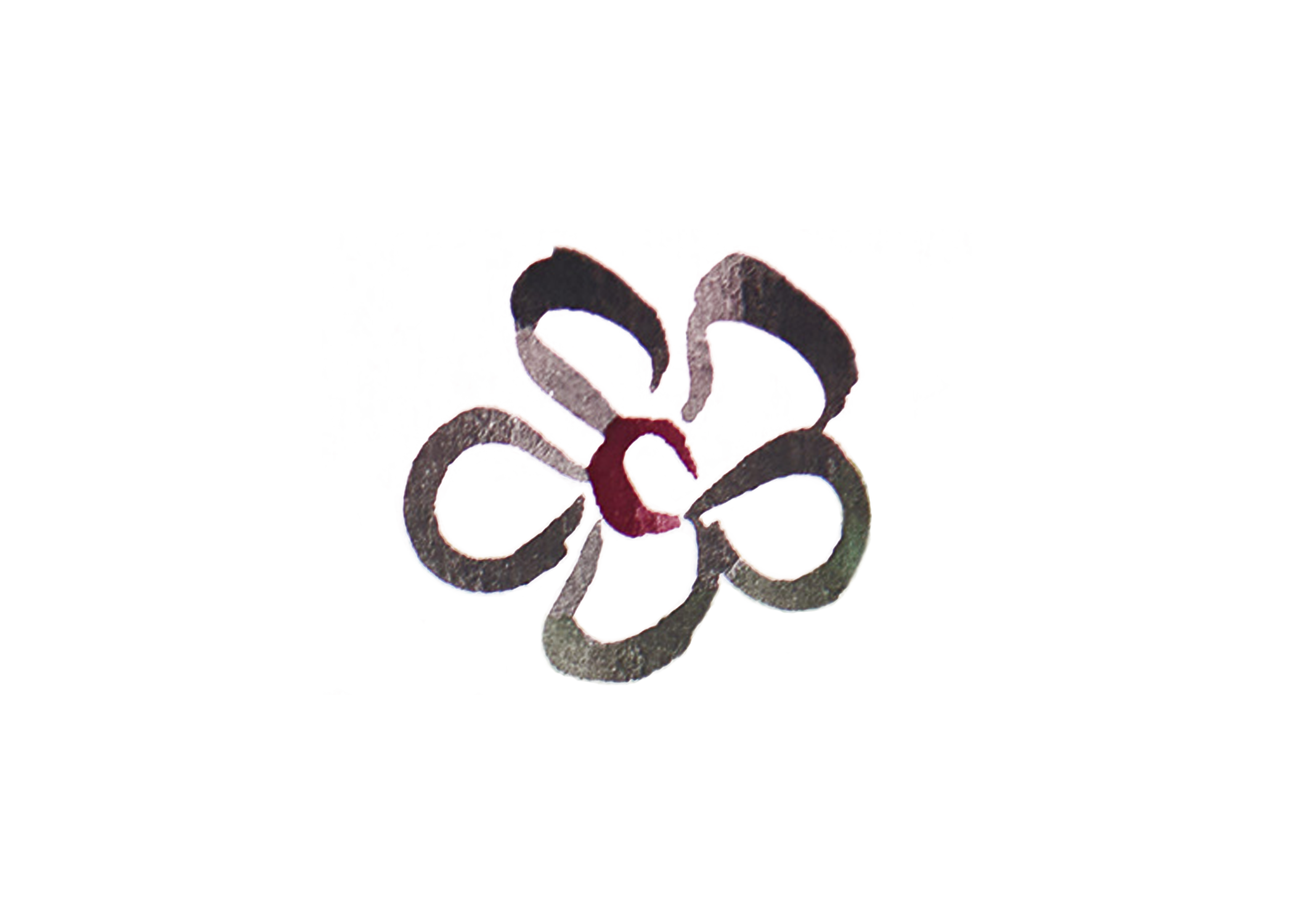 A colorful, abstract flower design with overlapping loops in shades of purple, green, and red against a black background.