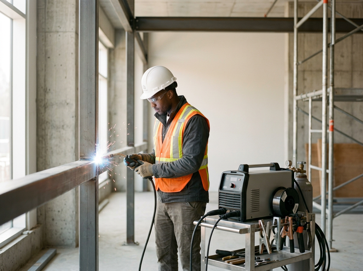 A construction worker wearing a white safety helmet, safety glasses, an orange safety vest, and gloves welding metal beams inside a building under construction. There is welding equipment on a cart nearby.
