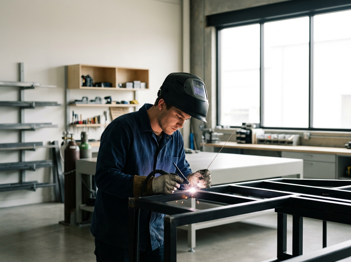 A man welding a metal frame in a workshop, wearing a protective welding helmet and gloves.