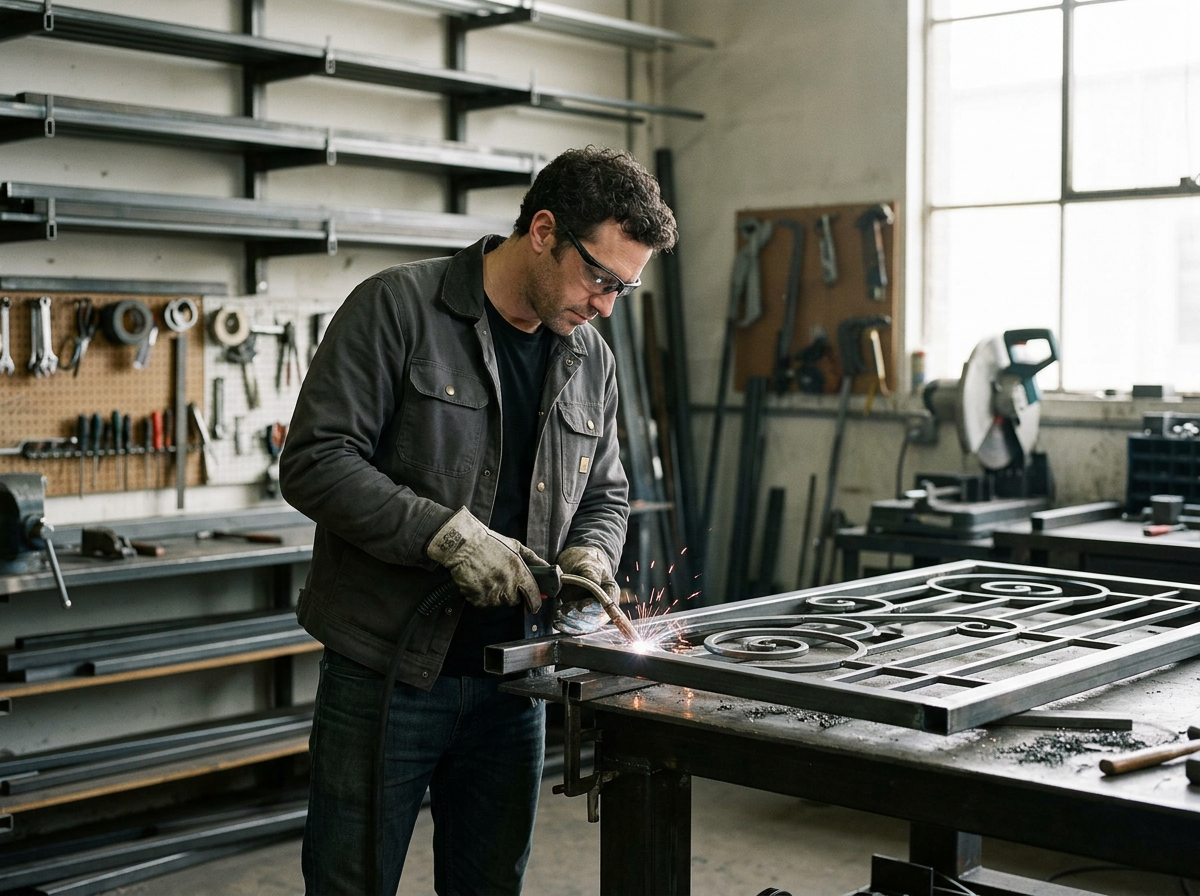 A man wearing safety glasses and gloves is welding a decorative iron gate in a workshop filled with tools and equipment.