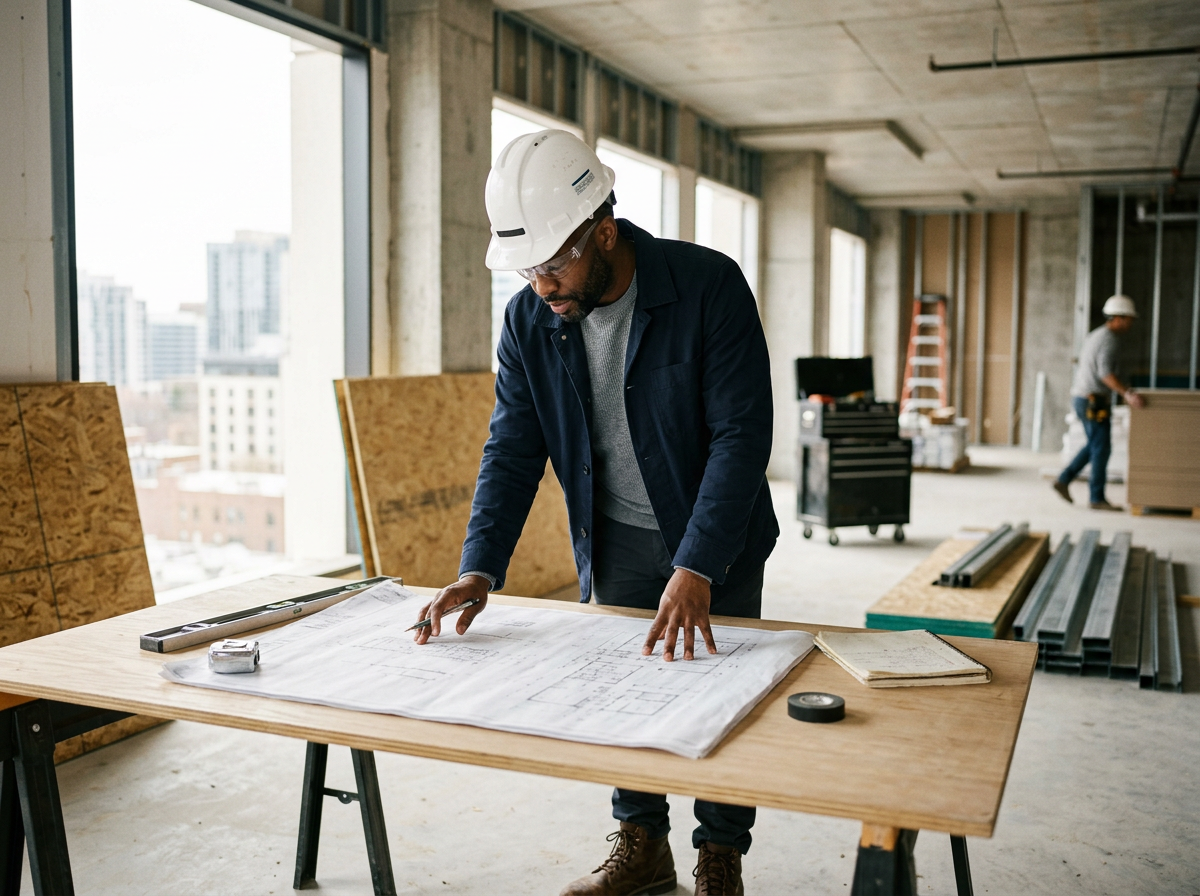 A construction worker wearing a white safety helmet and glasses is examining blueprints on a wooden table inside a building under construction. There are construction tools and materials around, with large windows and exposed building framework in the background.