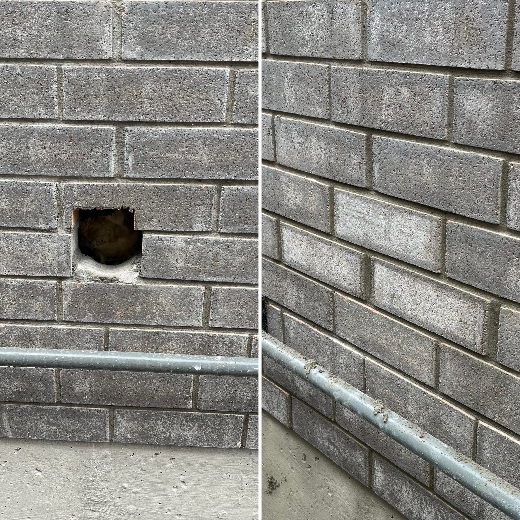 Comparative close-up of gray concrete brick wall, showing two angles. Left side features a section of wall with a hole near the bottom, revealing the interior. Right side shows a corner formed by the same bricks, with a metal pipe running along the bottom edge.
