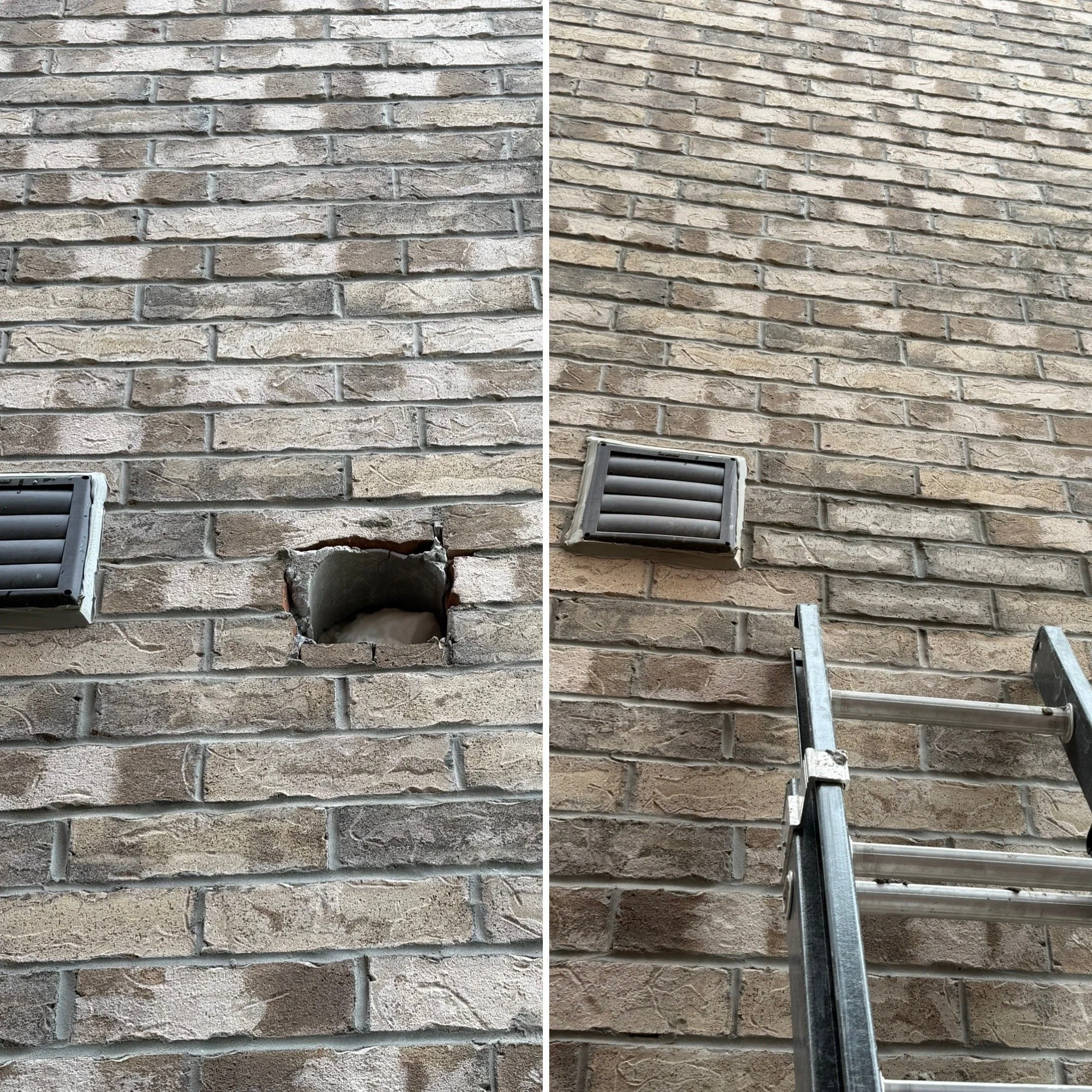 Comparison of two brick walls on the exterior of a building. The left side shows a damaged brick wall with a missing brick and a hole beneath it. The right side shows a repaired and cleaned brick wall. Part of a ladder and an air vent are visible in the lower part of the right side.