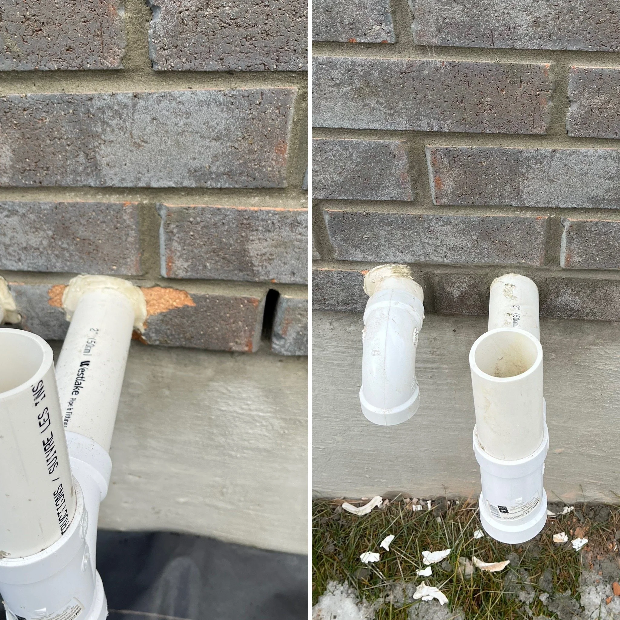 Comparison of two brick walls with PVC pipes running below them. The left wall has darker bricks with older bricks that are more textured, while the right wall has lighter bricks with smoother bricks. The pipes in both images are white, with the left pipes partially visible and the right pipes more visible and connected to some debris and small rocks below.