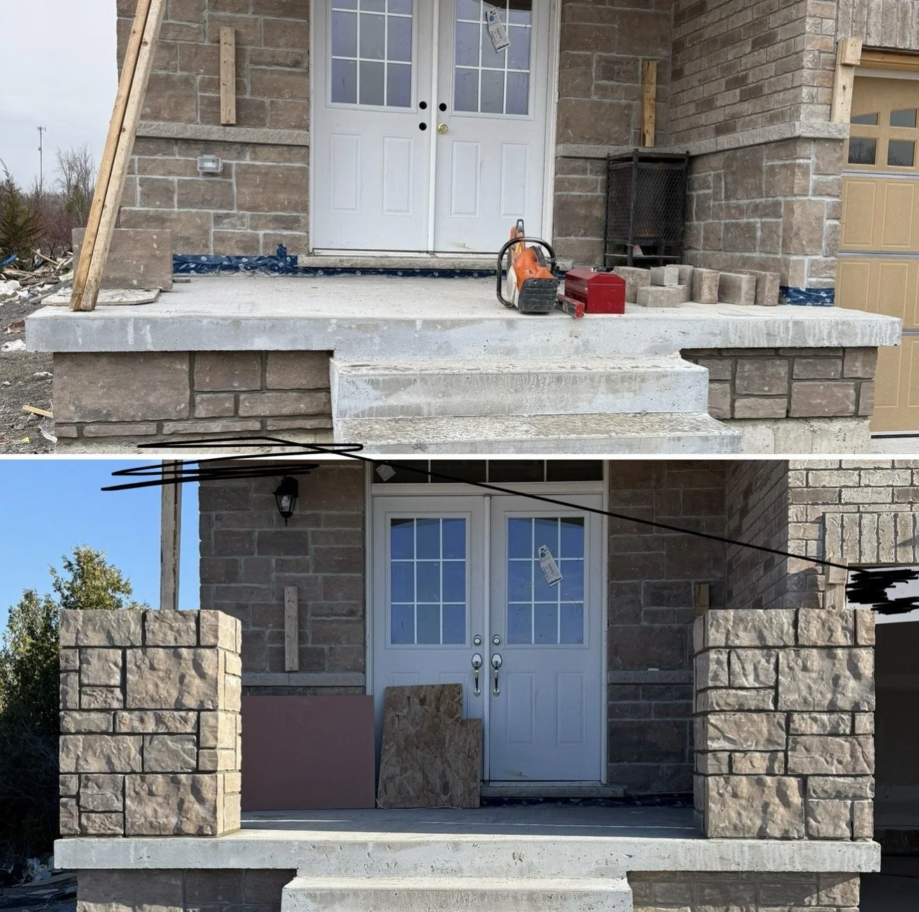 Comparison of house front porch before and after renovation; the top shows an unfinished porch with tools, bricks, and wood; the bottom shows the finished porch with stone columns and new siding.
