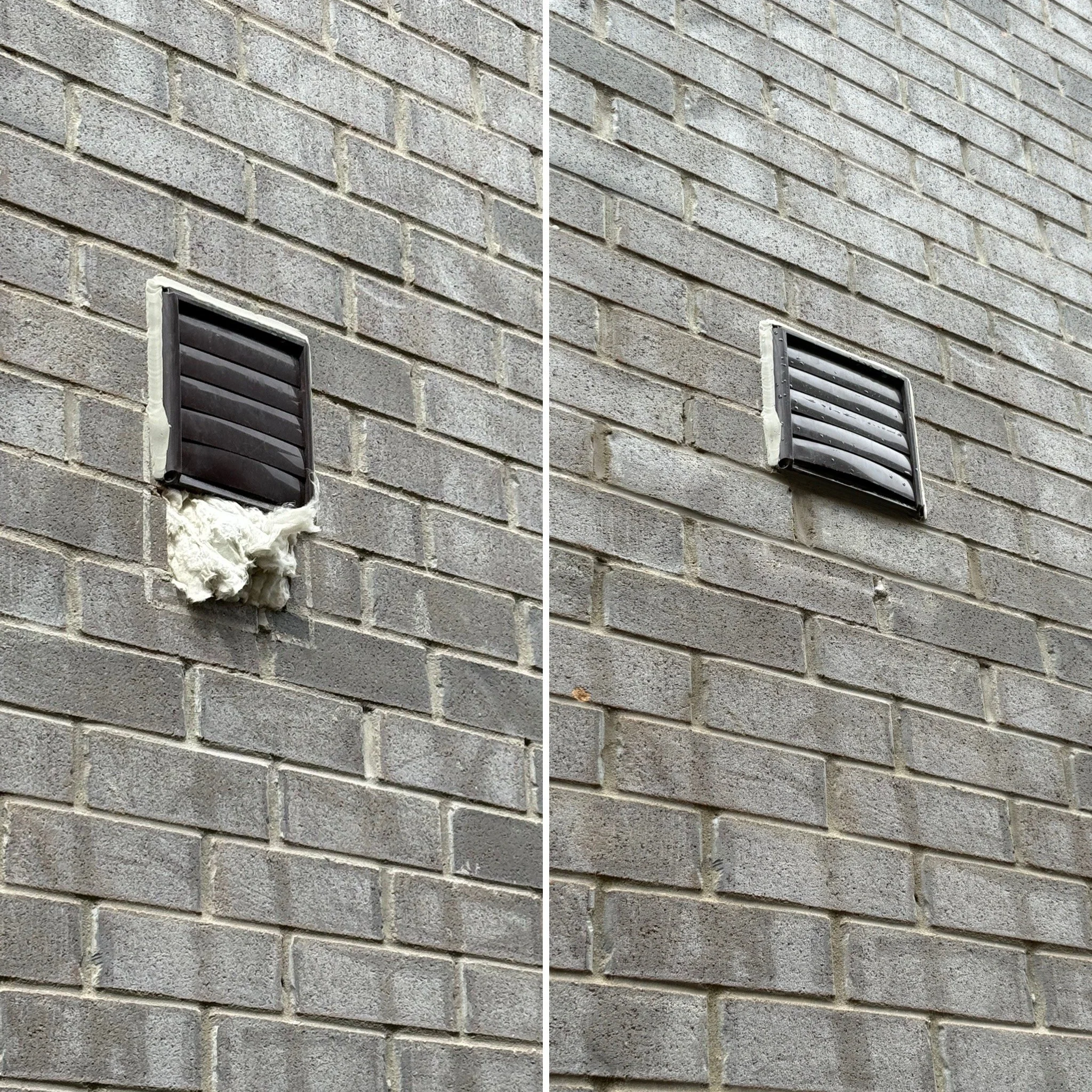 Side-by-side comparison of a brick wall, with a black vent near the bottom left corner, showing the wall before and after cleaning or repair.