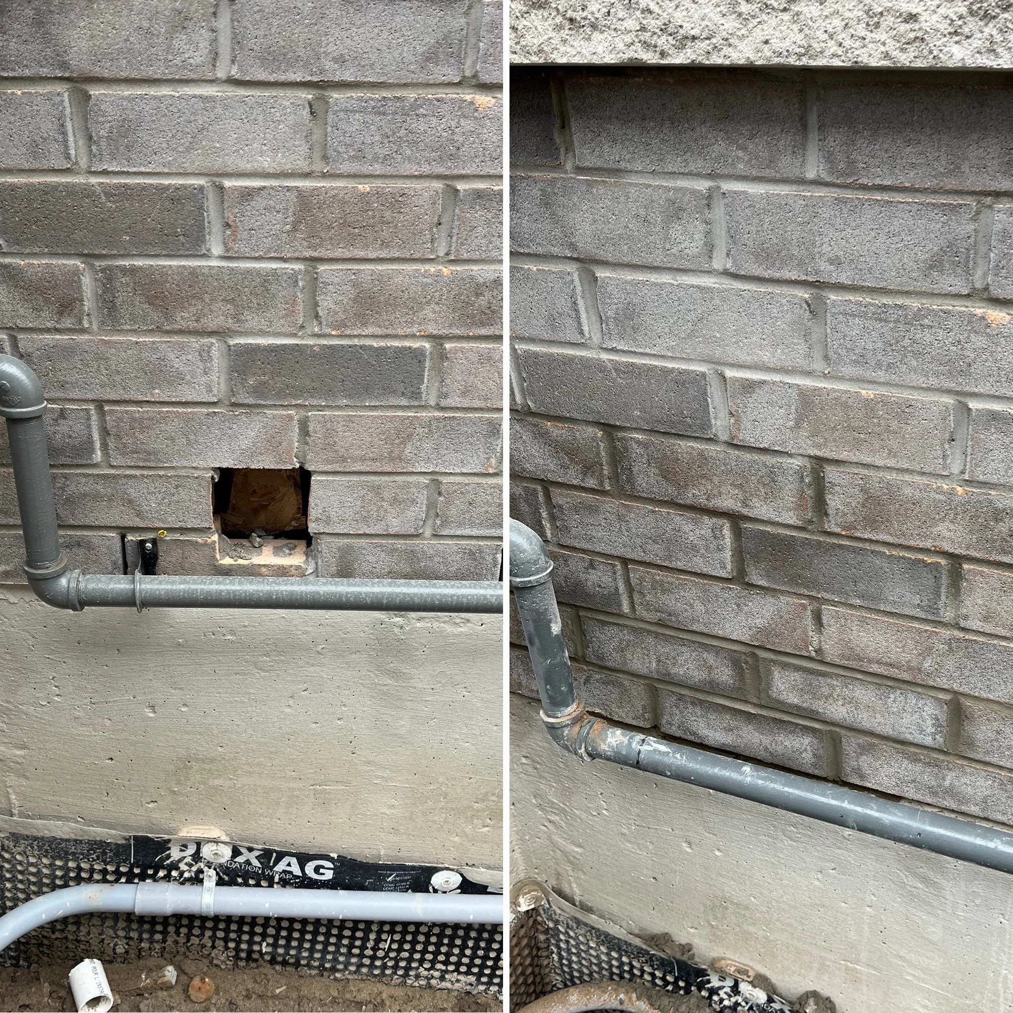 Left side shows a gray brick wall with a PVC pipe and black insulation material at the bottom. The right side shows a close-up of the same gray brick wall with no pipes or insulation visible.