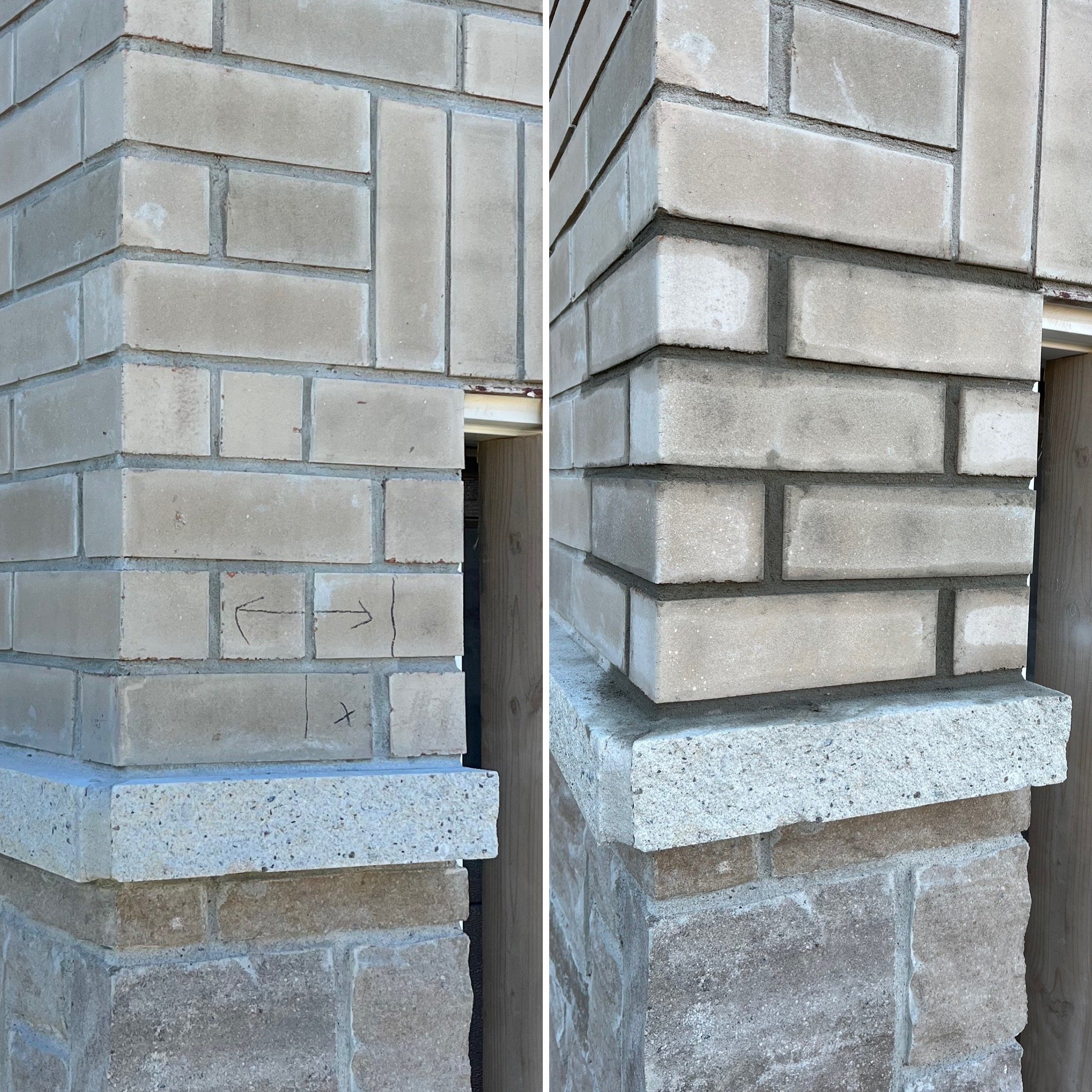 Close-up of corner of brick wall showing two different finishes, with the left side having a rougher, lighter surface and the right side a smoother, darker surface.