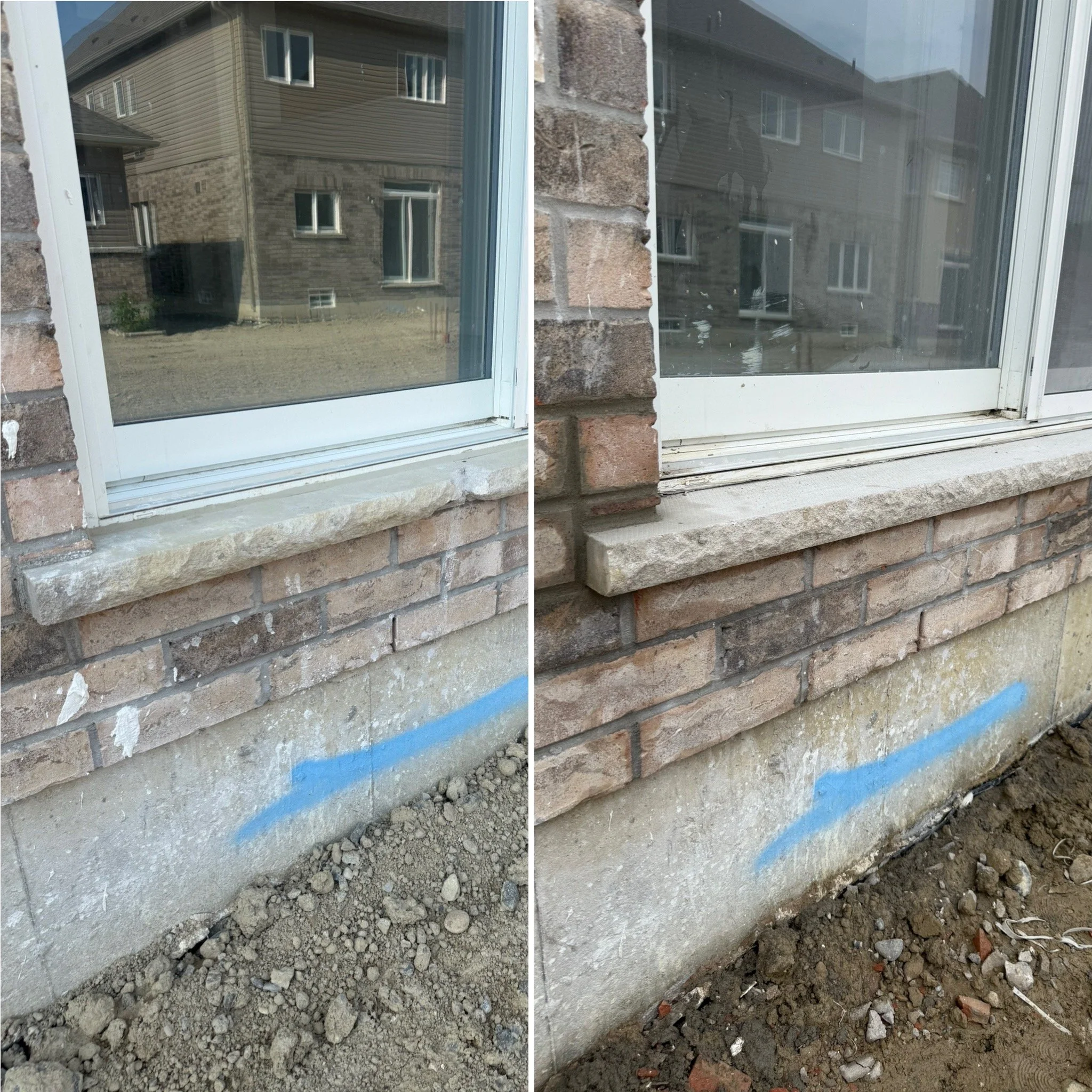 Side-by-side outdoor window with brick wall and construction area with dirt and gravel in front.