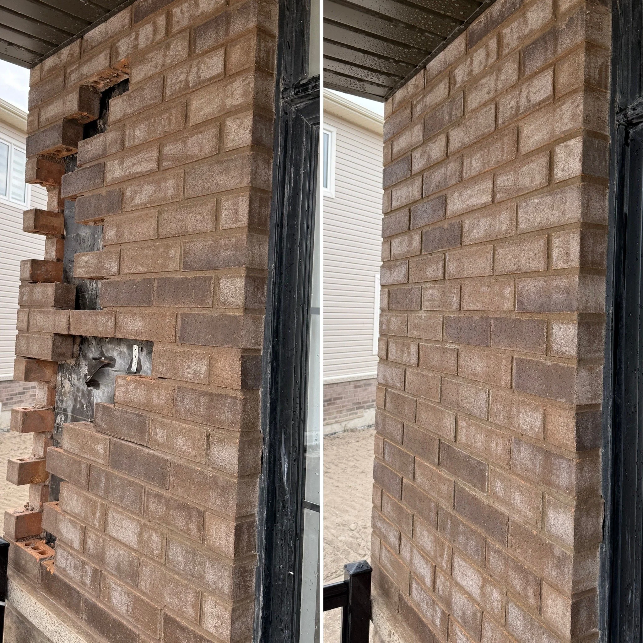 Comparison of two images showing a brick wall. The left image depicts a wall with some damaged and missing bricks at the corner, while the right image shows the same wall repaired with intact bricks.